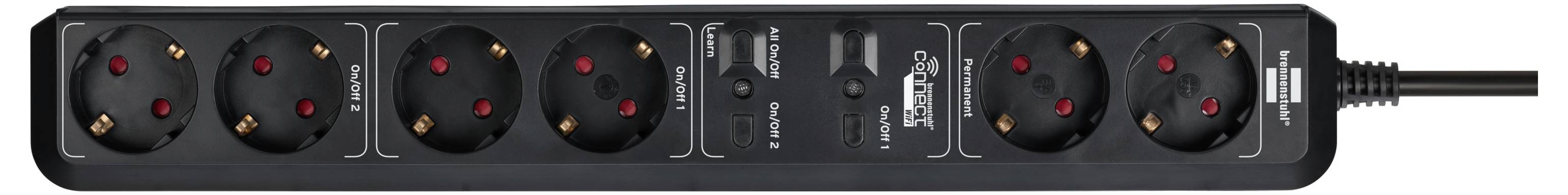 Eine schwarze Steckerleiste mit sechs runden Steckdosen, die horizontal angeordnet sind, und einem angeschlossenen Stromkabel auf der rechten Seite.