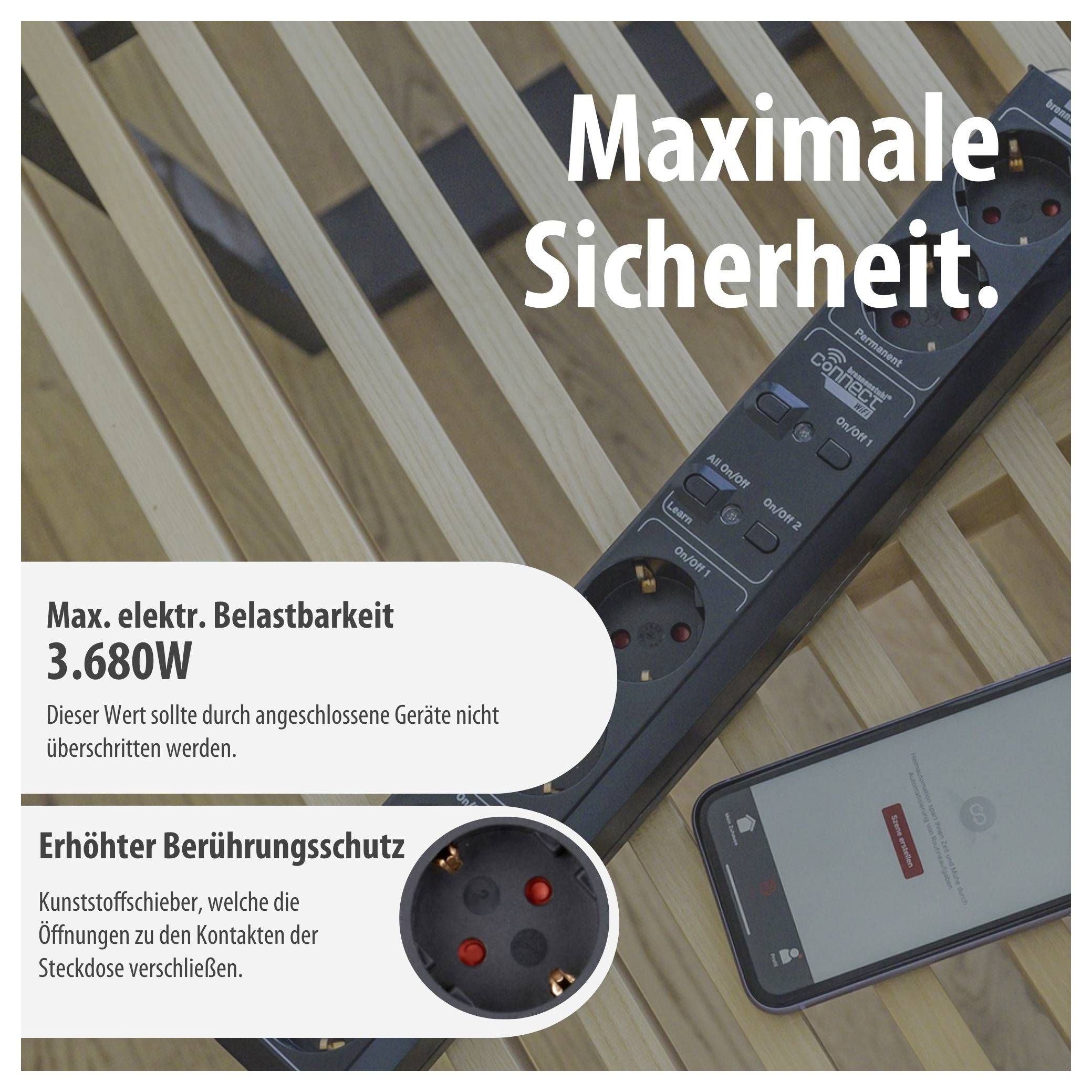 Werbegrafik einer Steckdosenleiste mit Smartphone: 'Maximale Sicherheit', max. elektrische Belastbarkeit 3.680W und erhöhter Berührungsschutz.