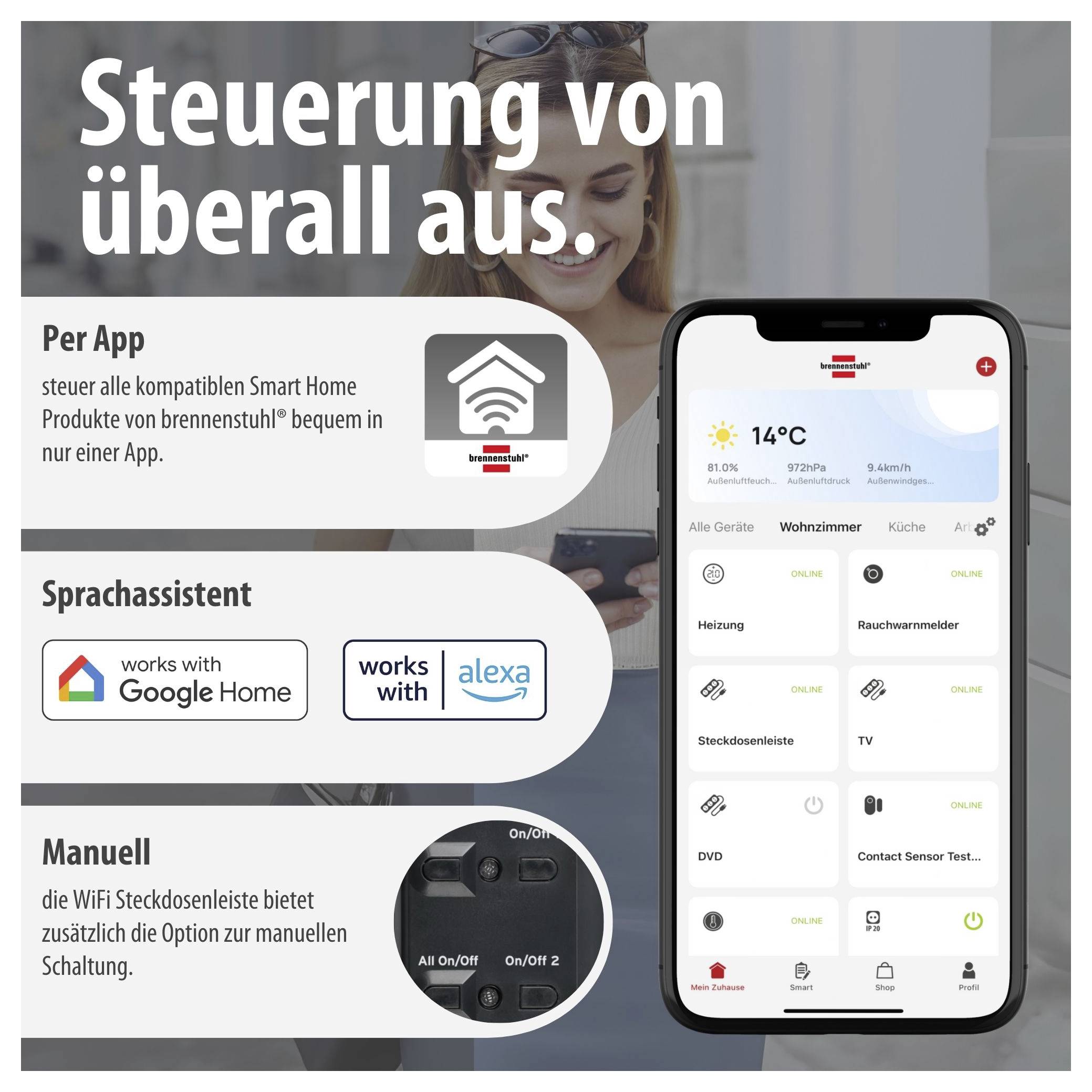 Werbeanzeige für Smart-Home-Steuerung per App, Sprachassistent und manuell; Smartphone zeigt eine Haussteuerungs-App mit Raumübersicht.