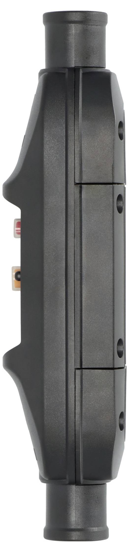 Schmales schwarzes elektronisches Gerät mit Anschlüssen an der Seite, mit elegantem Design und abgerundeten Kanten.