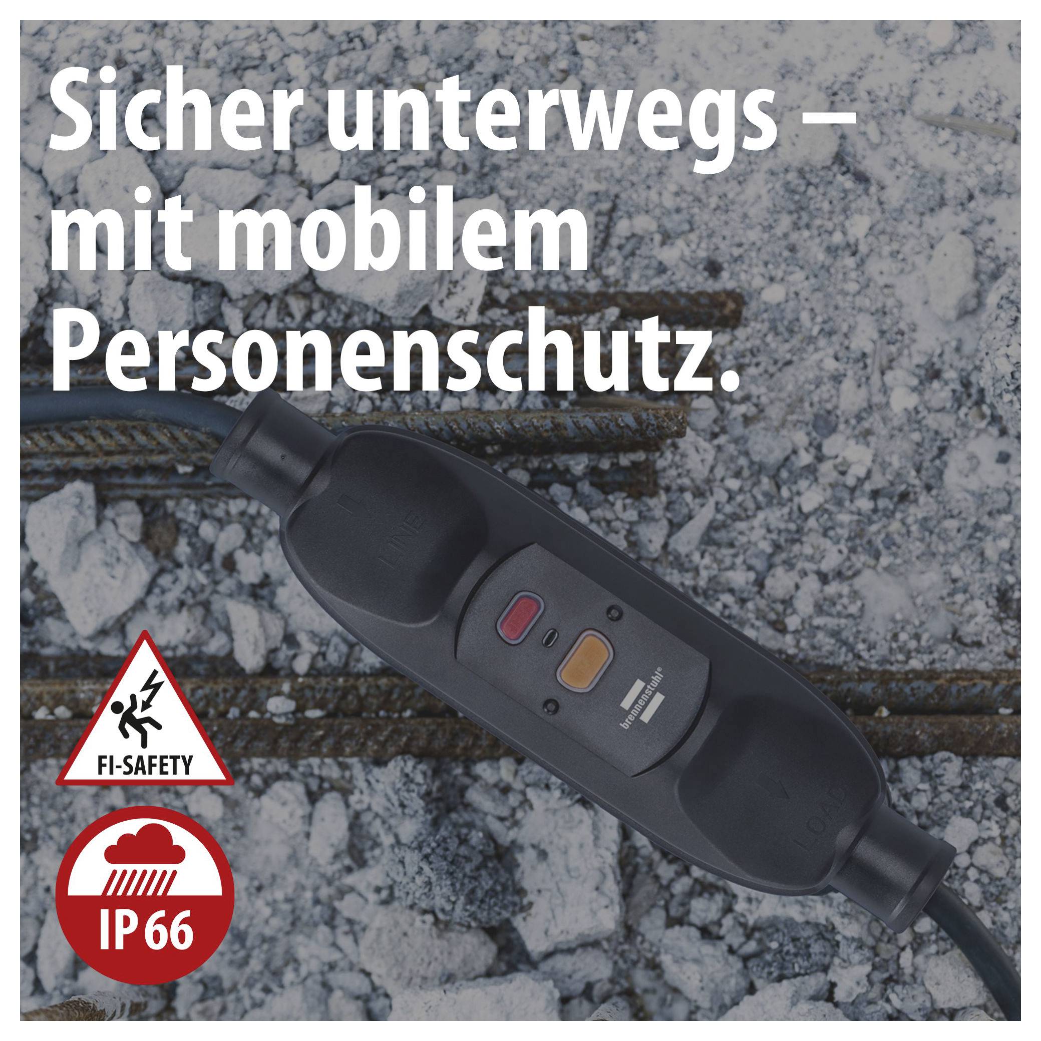 Mobiler Personenschutzschalter auf Schotter mit Aufdruck 'Sicher unterwegs – mit mobilem Personenschutz.' sowie FI-SAFETY- und IP66-Symbolen.