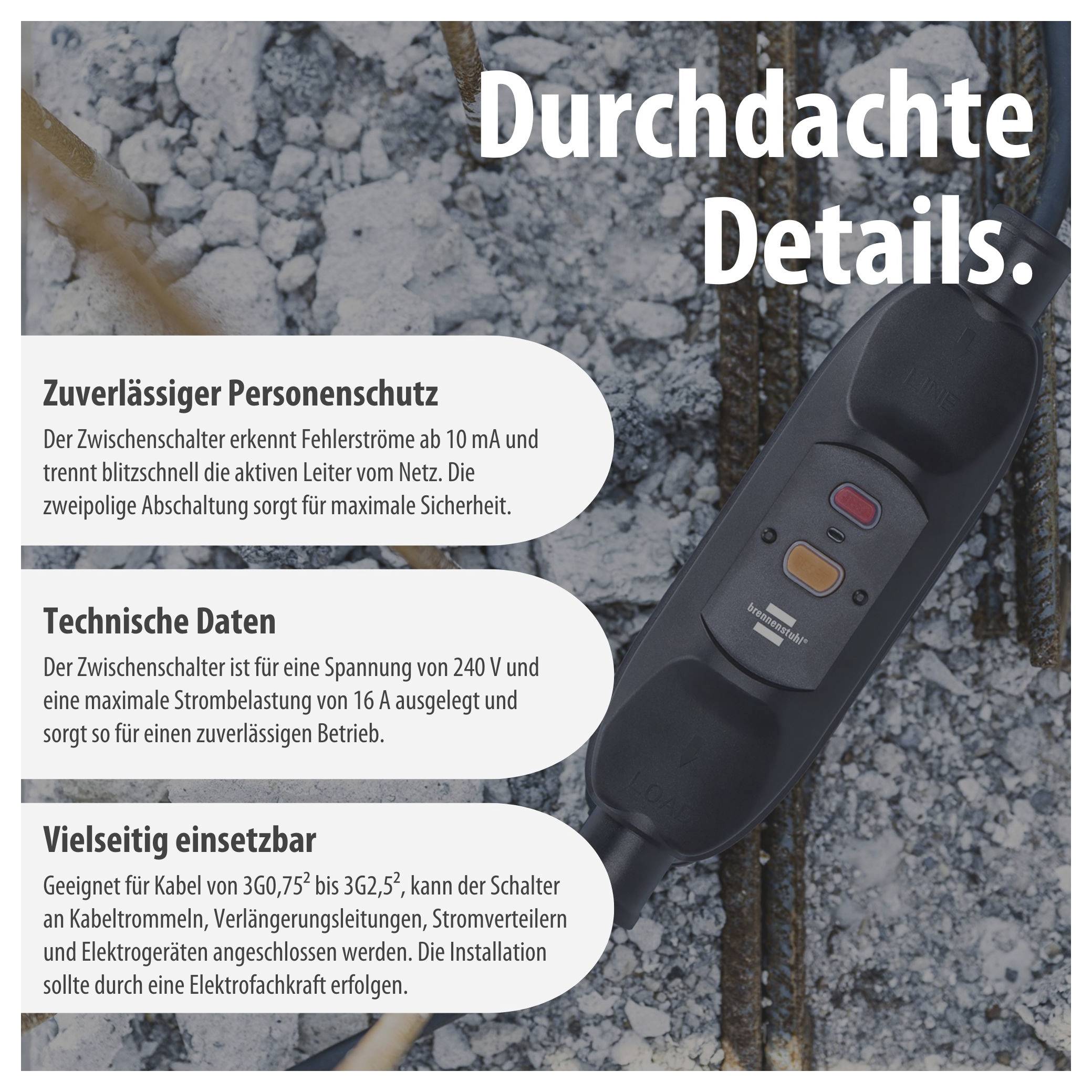 Werbeplakat für einen Zwischenstecker mit FI-Schutz: betont zuverlässigen Personenschutz, technische Daten und vielseitige Einsatzmöglichkeiten.