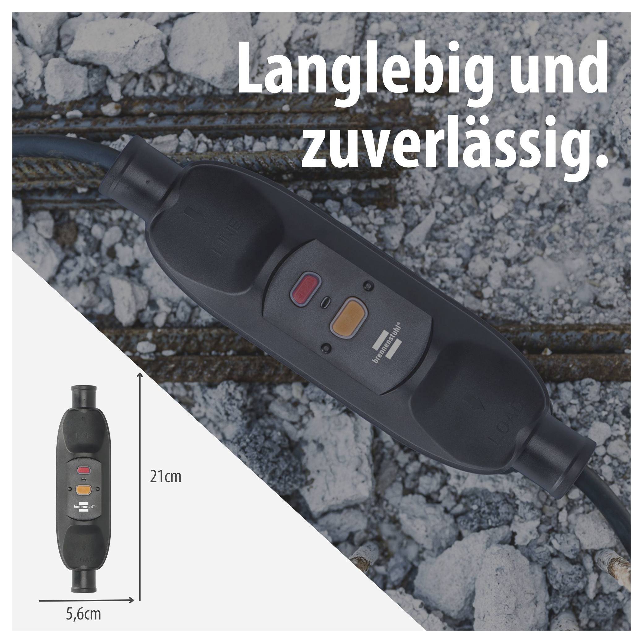 Produktfoto eines schwarzen Kabelverbinders auf Schotter mit dem Text 'Langlebig und zuverlässig.' sowie Maßangaben: 21 cm lang, 5,6 cm breit.