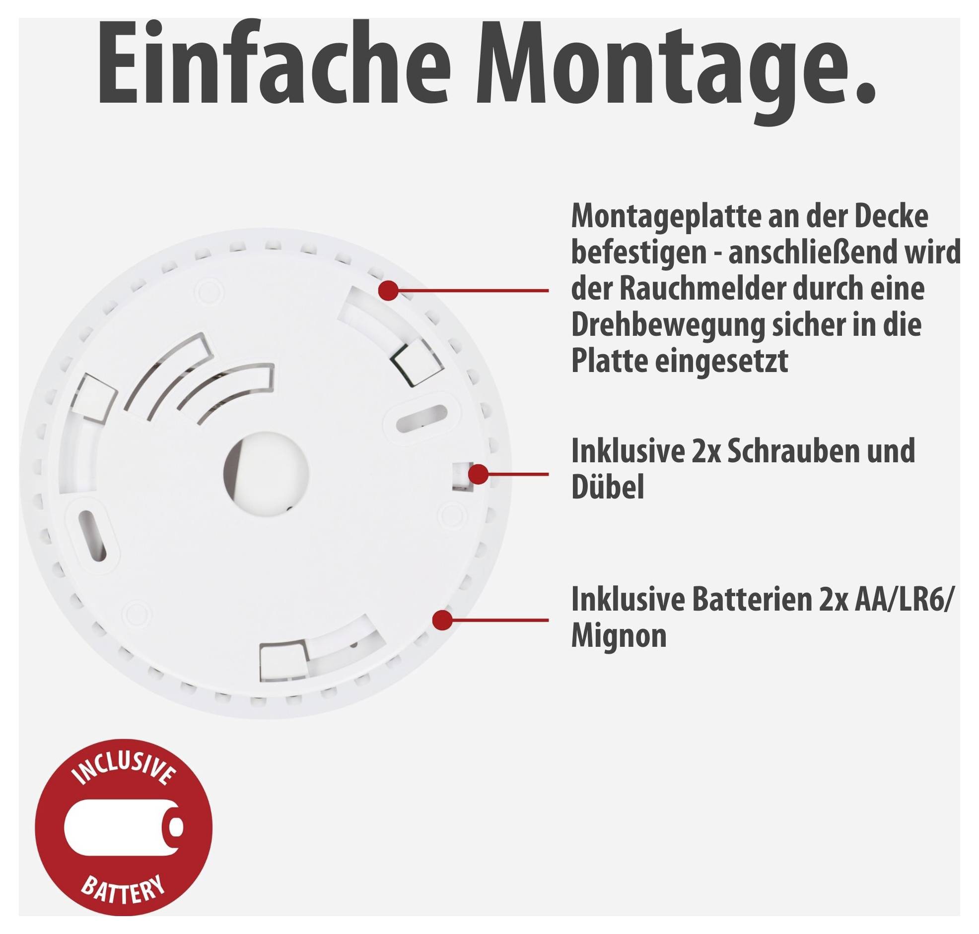 Grafik zur einfachen Montage eines Rauchmelders: Montageplatte an der Decke befestigen, Melder eindrehen; inklusive 2 Schrauben, Dübel und 2 AA-Batterien.