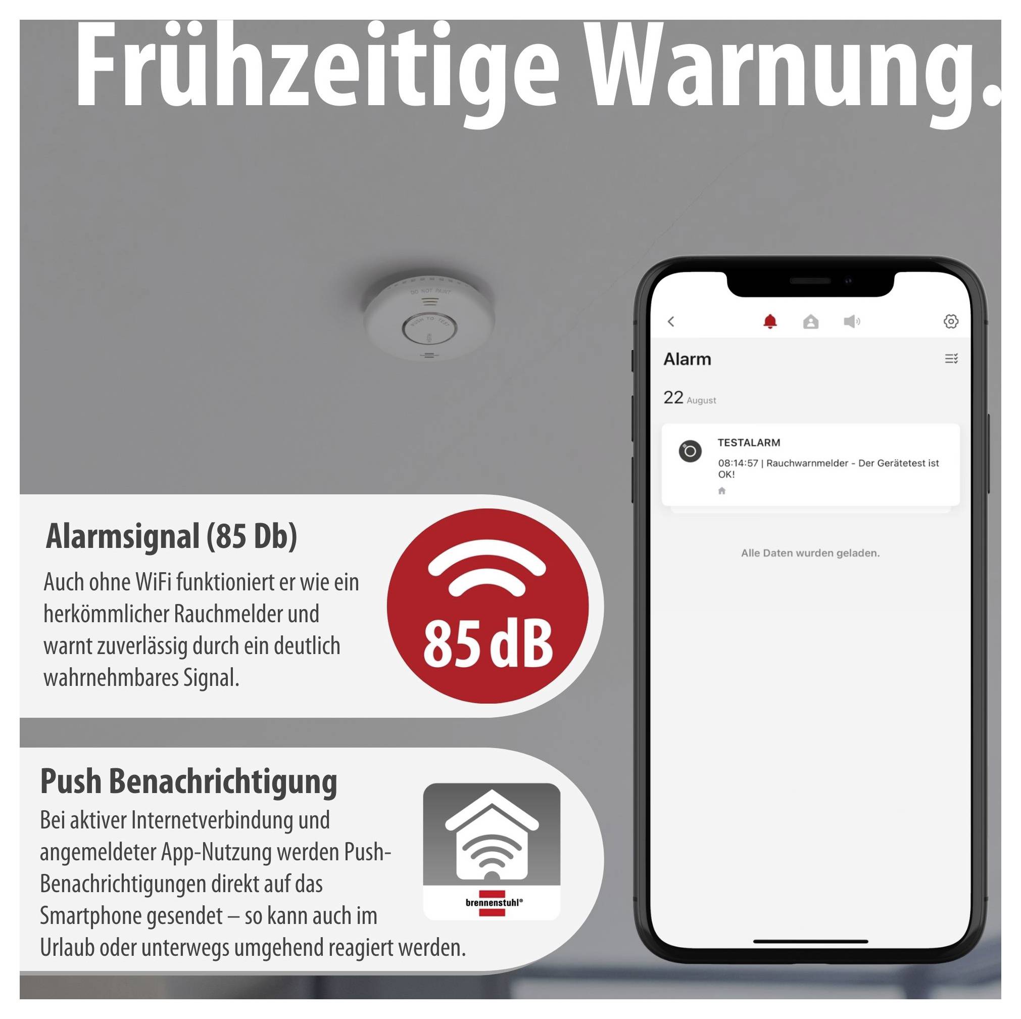 Werbegrafik für einen Rauchmelder: „Frühzeitige Warnung“; Alarm mit 85 dB ohne WLAN, Push-Benachrichtigung per App und Smartphone-Anzeige eines Testalarms.