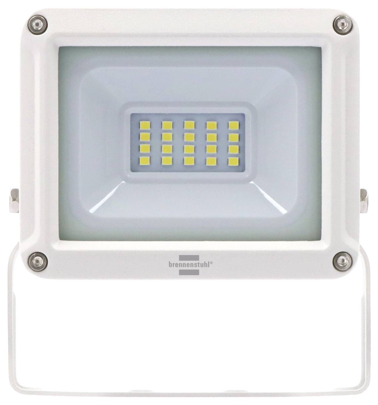 Ein weiße rechteckige LED-Flutlicht mit einem Gitter gelber Lichter in der Mitte, entworfen für den Außeneinsatz.