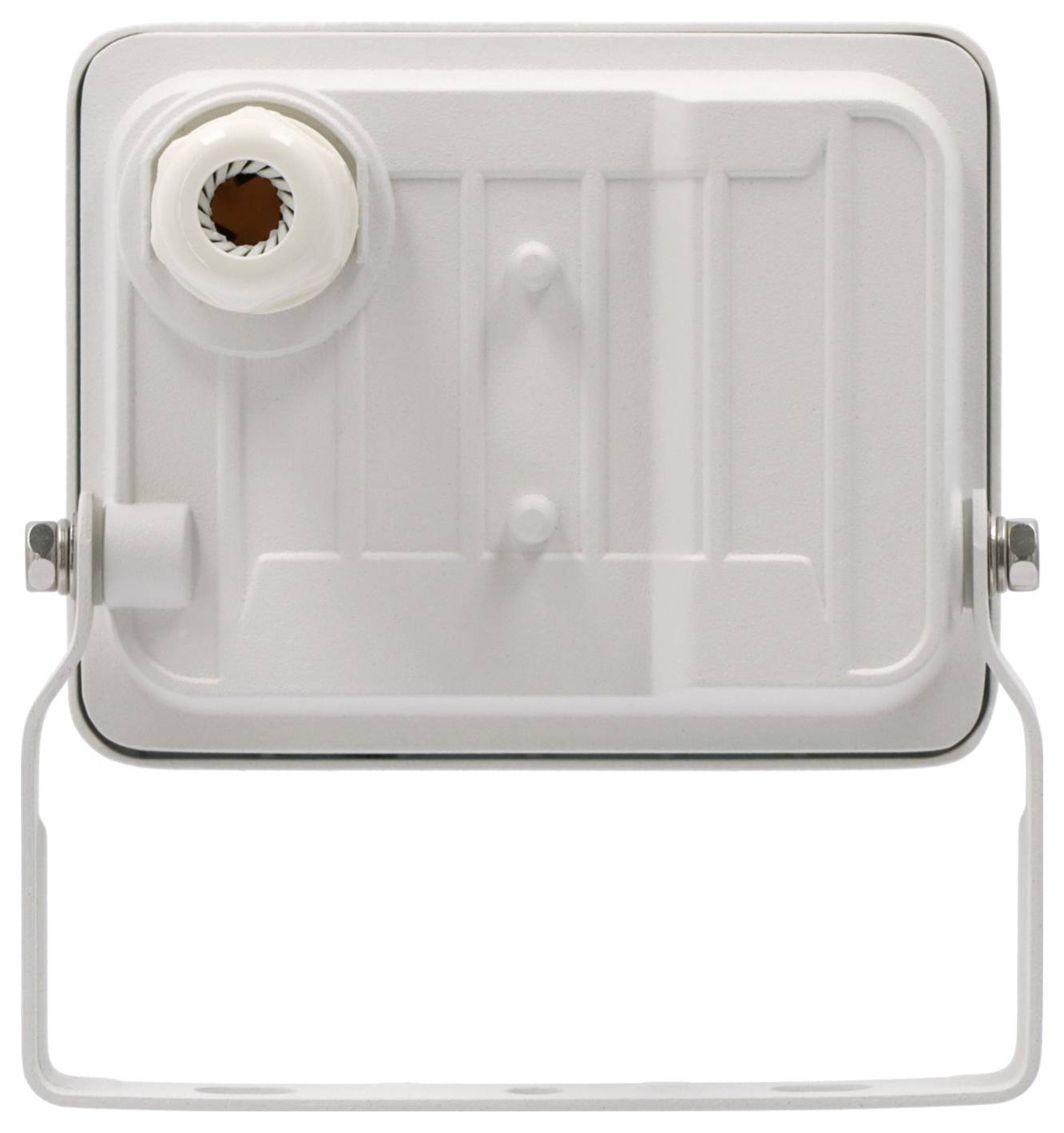 Ein weißer quadratischer Flutlichtstrahler mit einer Montageklammer, von hinten betrachtet, zeigt sein Gehäuse und die Stromeingabe.