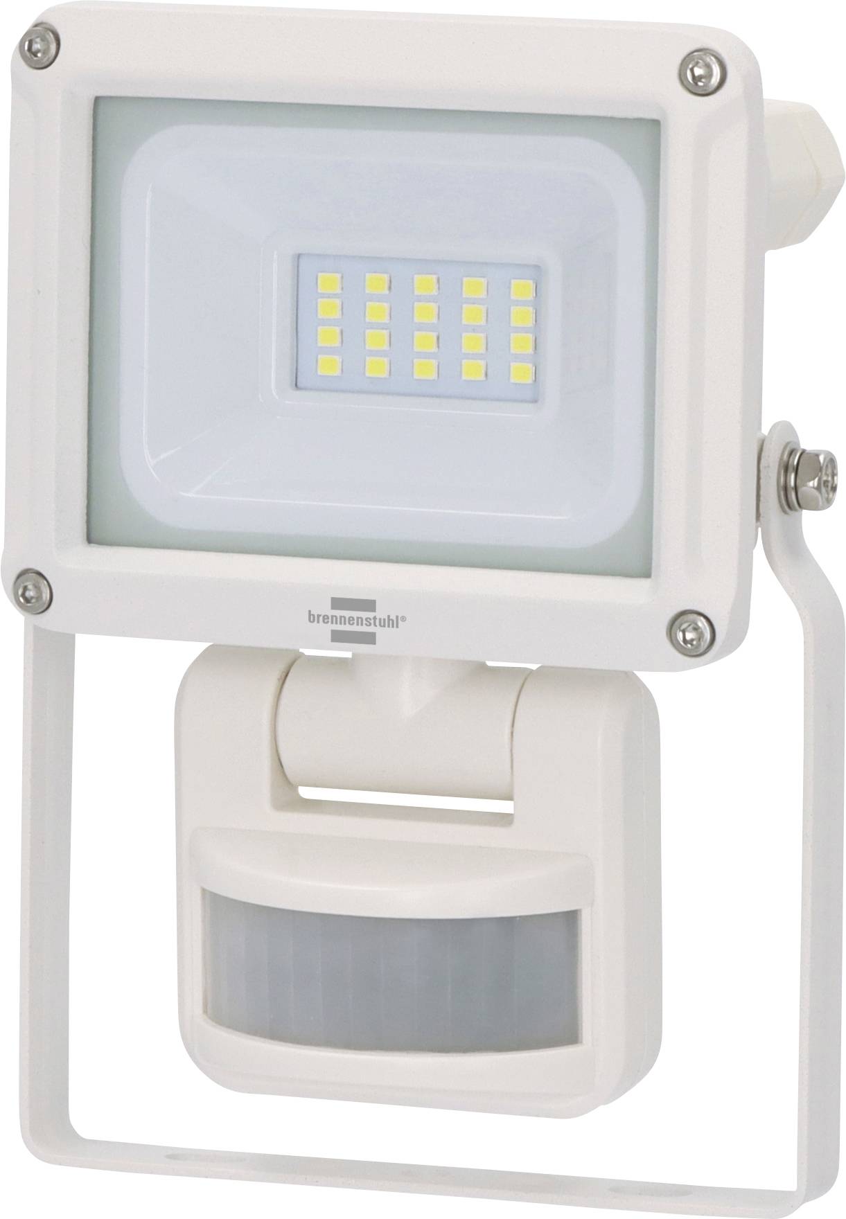 Outdoor-LED-Flutlicht mit Bewegungsmelderansatz, mit rechteckigem Gehäuse und sichtbarem LED-Array, verwendet für Sicherheitsbeleuchtung.