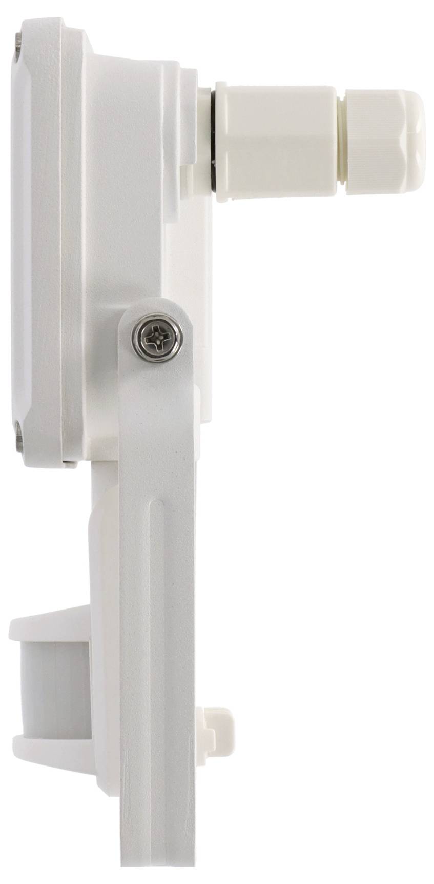 Nahaufnahme einer weißen Kunststoff-Sensor- oder Gerätebefestigung mit einem zylindrischen Seitenstecker und Schraubbefestiger auf einfachem Hintergrund.