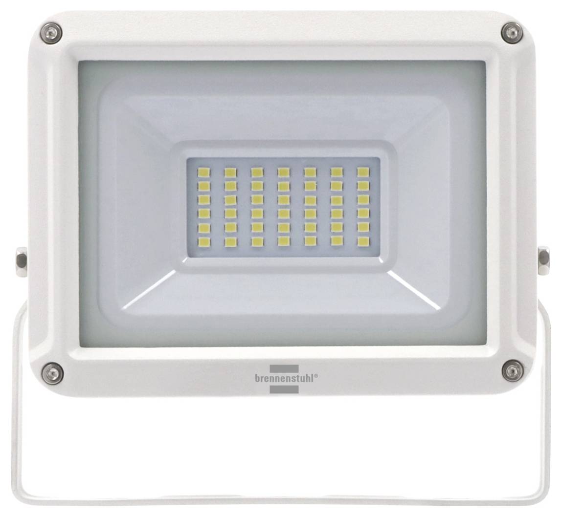 Weiße LED-Flutlichtleuchte mit rechteckigem Reflektor und sichtbarem LED-Panel, Vorderansicht auf einfachem Hintergrund.