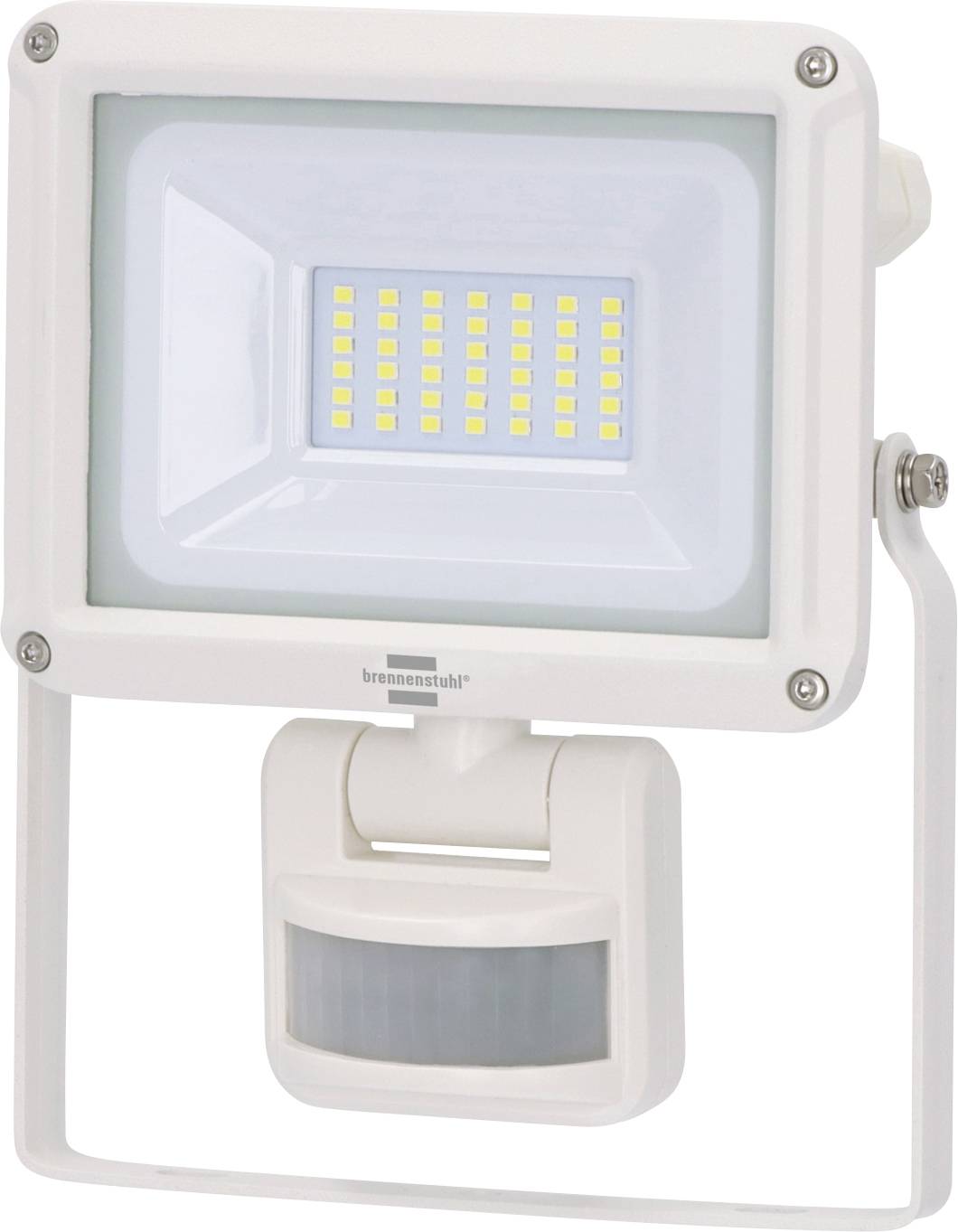 Weiße LED-Flutlichtleuchte mit integriertem Bewegungsmelder auf einer Montageklammer