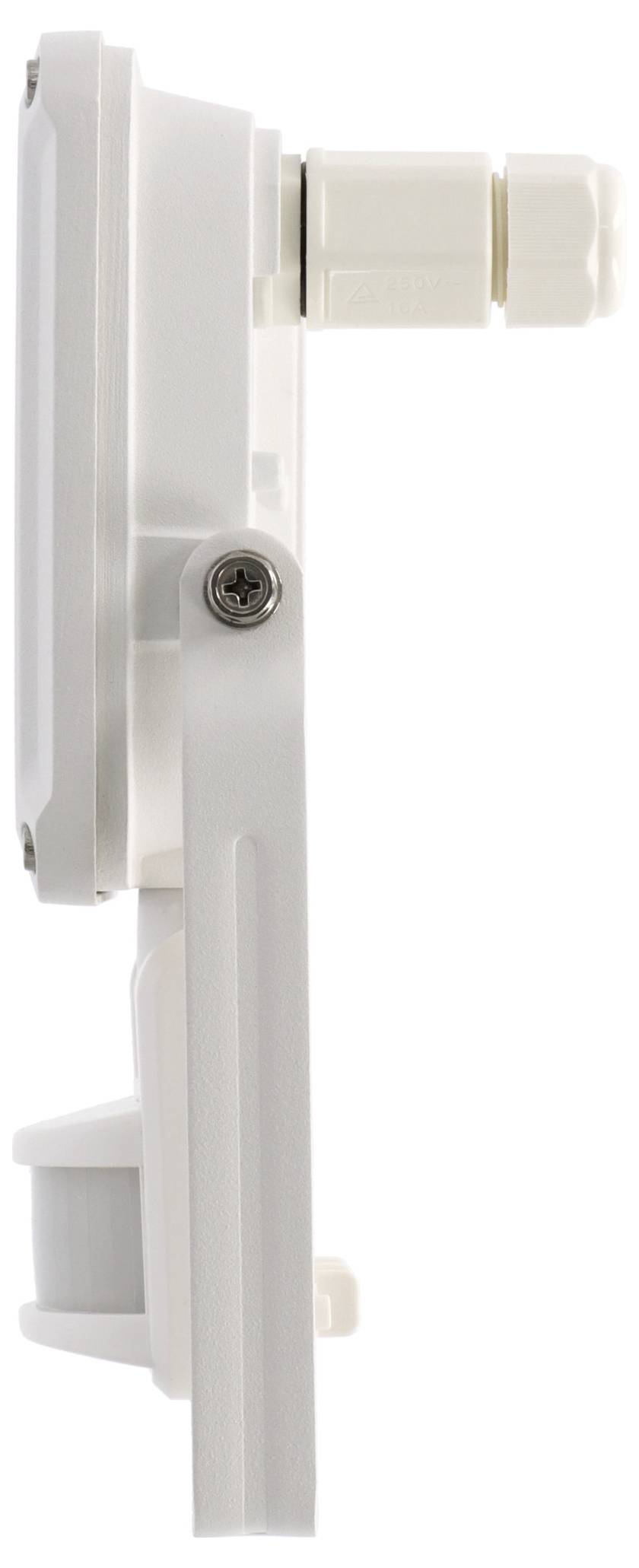 Seitenansicht eines weißen wandmontierten Sensors mit einer Schraube und einem Kabelstecker, die sein kompaktes Design und die beabsichtigte Verwendung auf Oberflächen anzeigen.