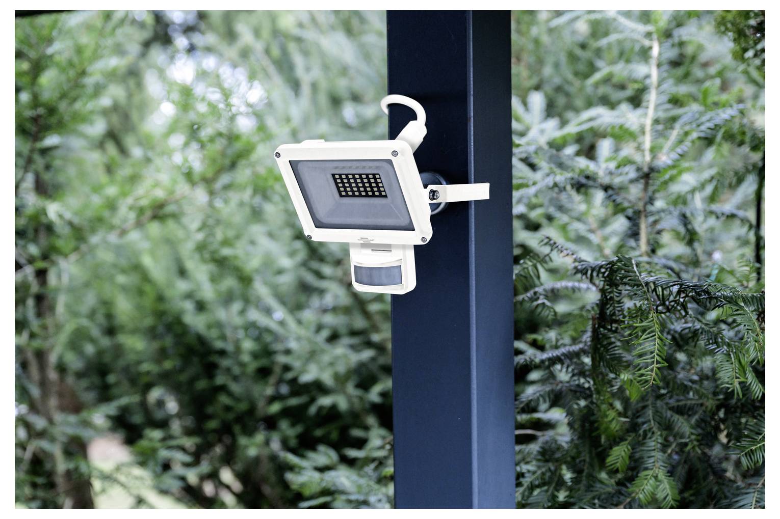 Eine an der Wand montierte Sicherheitskamera mit Bewegungsmelder, umgeben von üppigem grünem Laub, auf einem dunkelblauen Pfosten im Freien installiert.