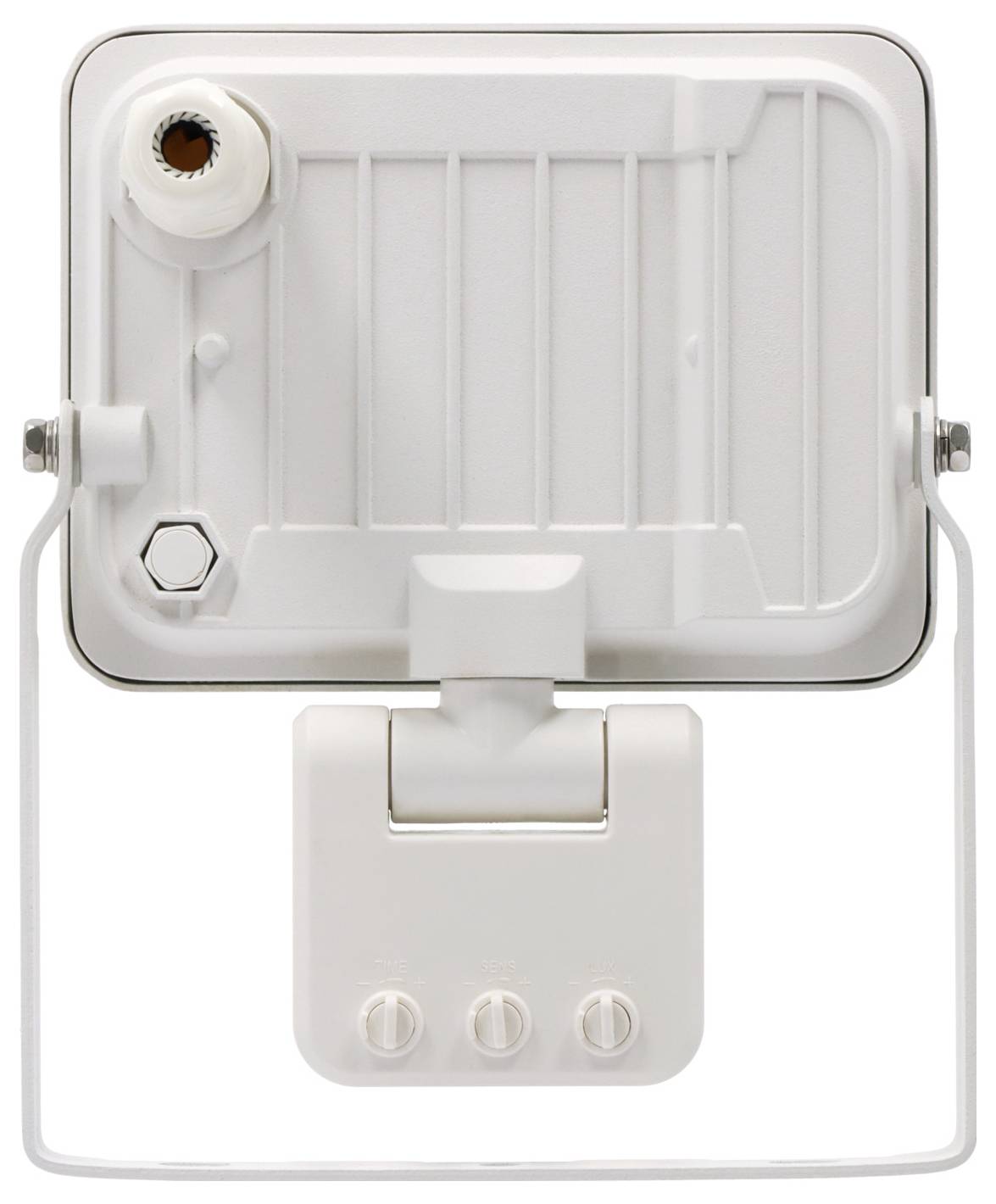 Weißer Kunststoff-Spülmechanismus für Toiletten mit Tankmonage, oberer Einlass, seitliche Befestigungspunkte und unterer Betätiger mit drei Knöpfen.
