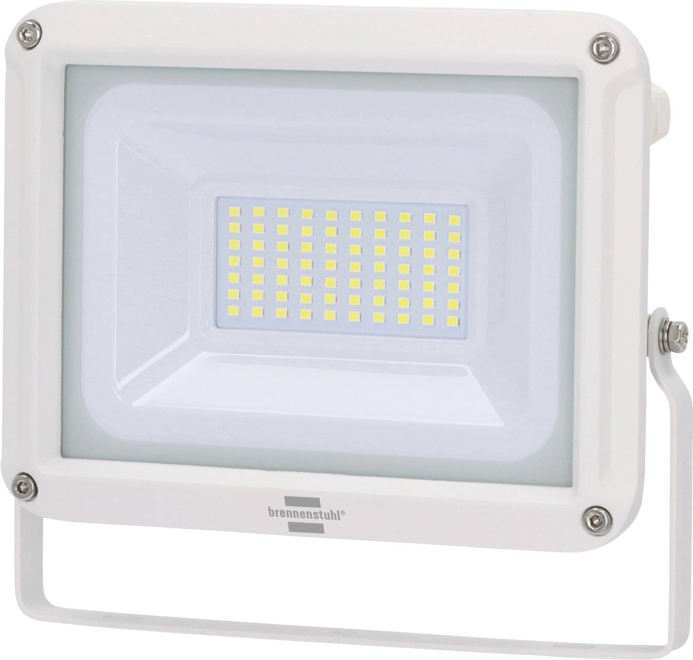 Weiße LED-Flutlicht mit rechteckiger Glasfront und metallischer Montageklammer auf weißem Hintergrund.