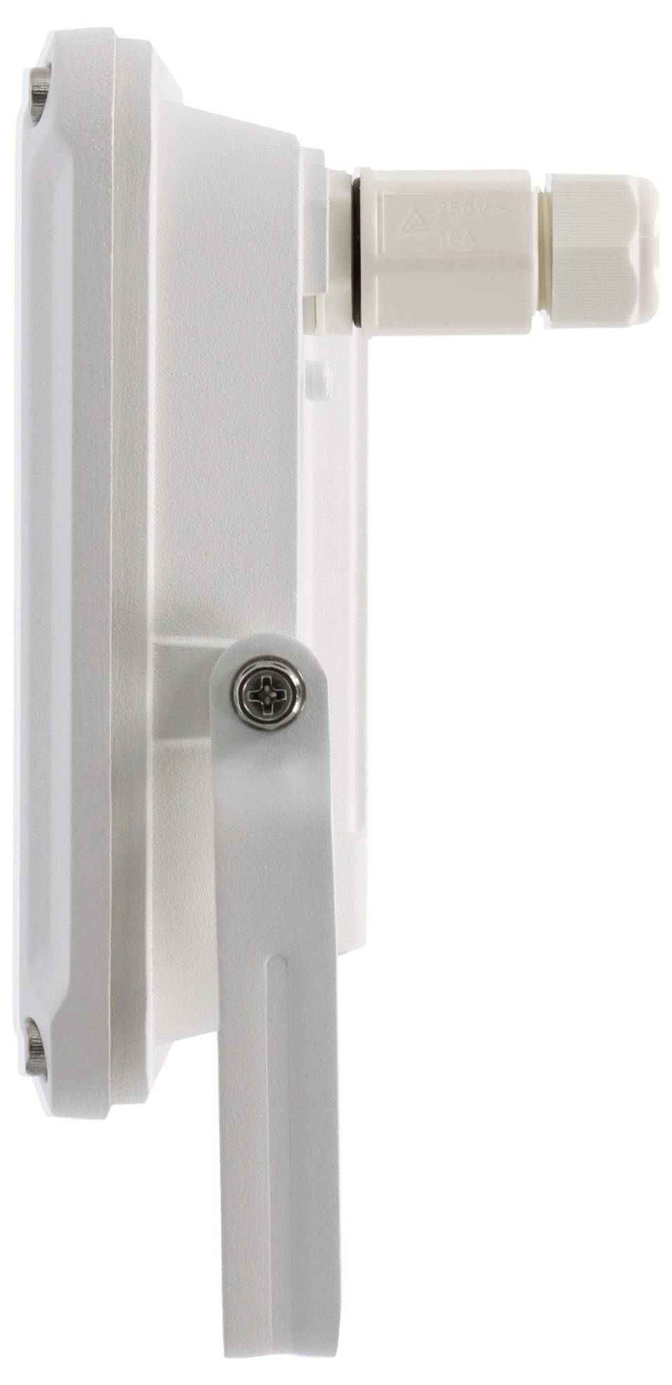 Seitenansicht eines weißen elektronischen Geräts mit einer verstellbaren Metallhalterung und einem Kabelstecker oben.