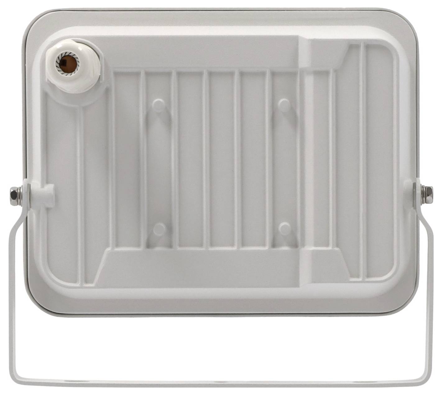 Rückansicht eines rechteckigen weißen Flutlichts mit Montagebügel, das die Rückseite und den Anschlusspoint in der oberen linken Ecke zeigt.