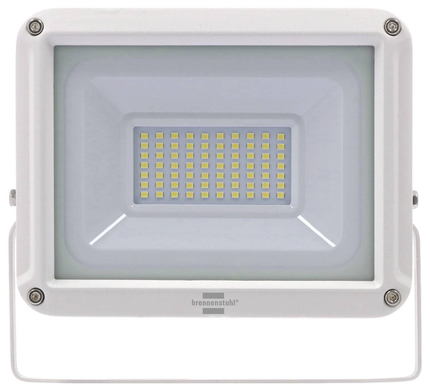 Weiße rechteckige LED-Flutlichtleuchte mit einem zentralen Array von kleinen gelben LEDs in einem grauen Gehäuse.