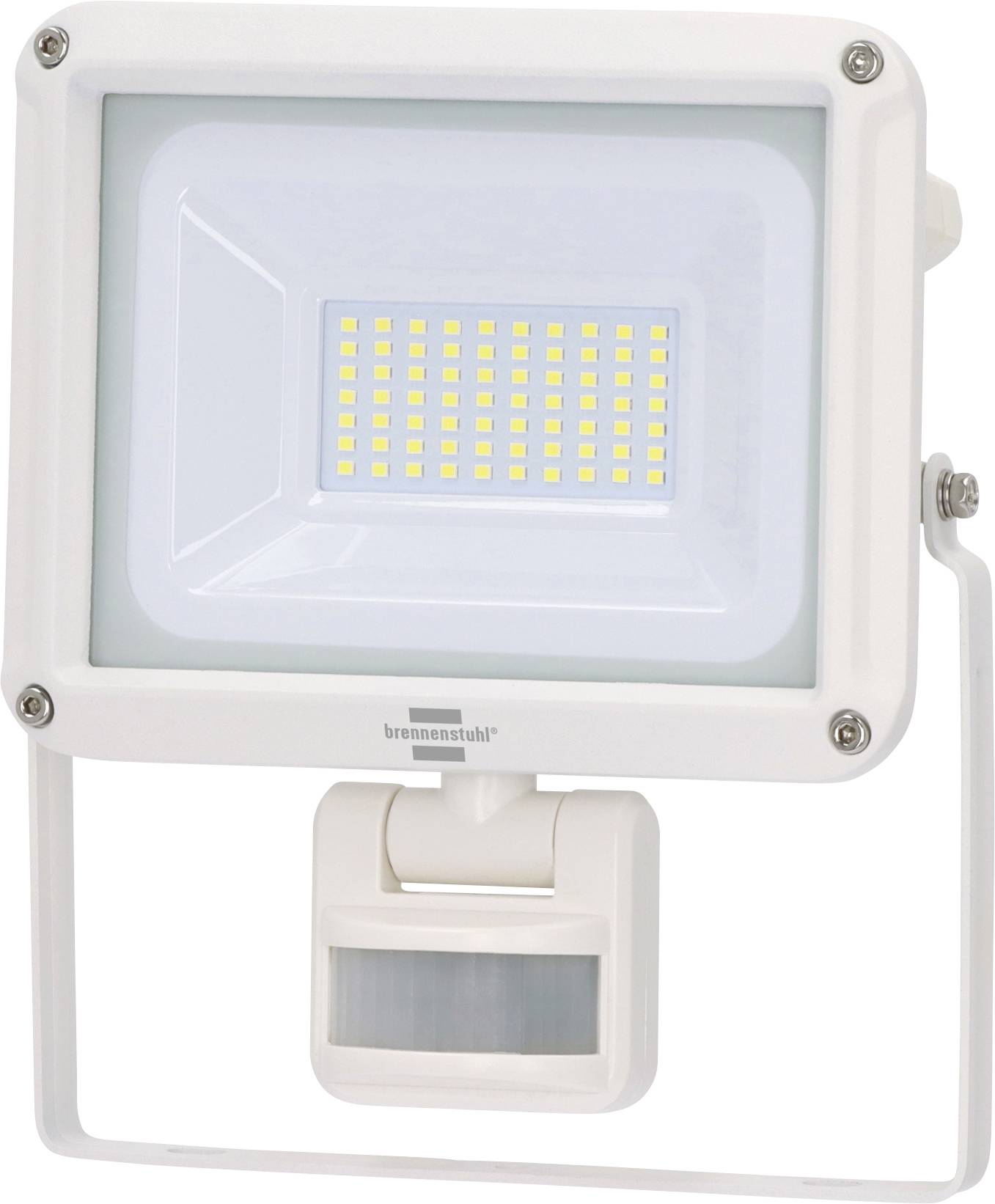 Weiße LED-Flutlicht mit Bewegungsmelder, mit einem rechteckigen Lichtpanel mit mehreren LED-Lampen und einer verstellbaren Montageklammer.