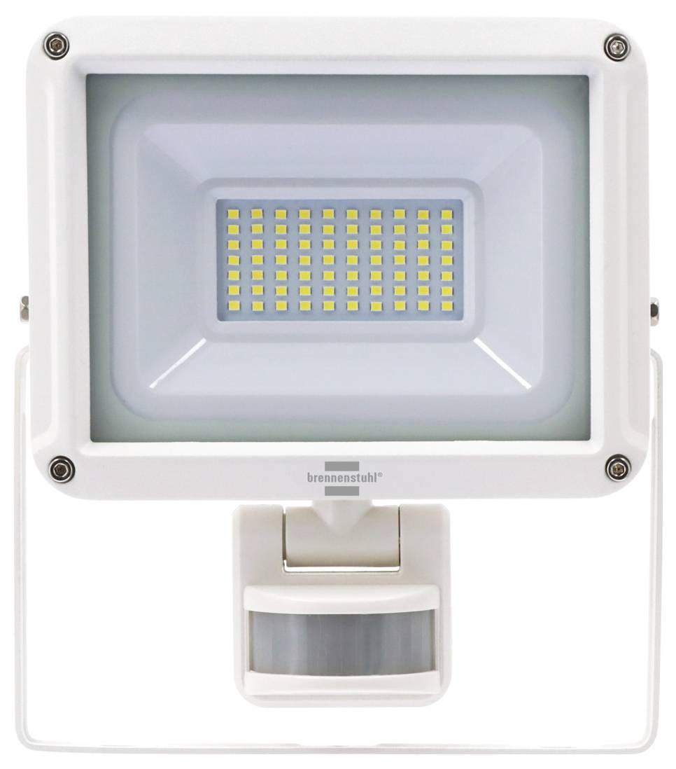 Eine weiße LED-Flutlichtleuchte mit einem Gitter aus kleinen gelben Birnen, montiert auf einer Halterung.