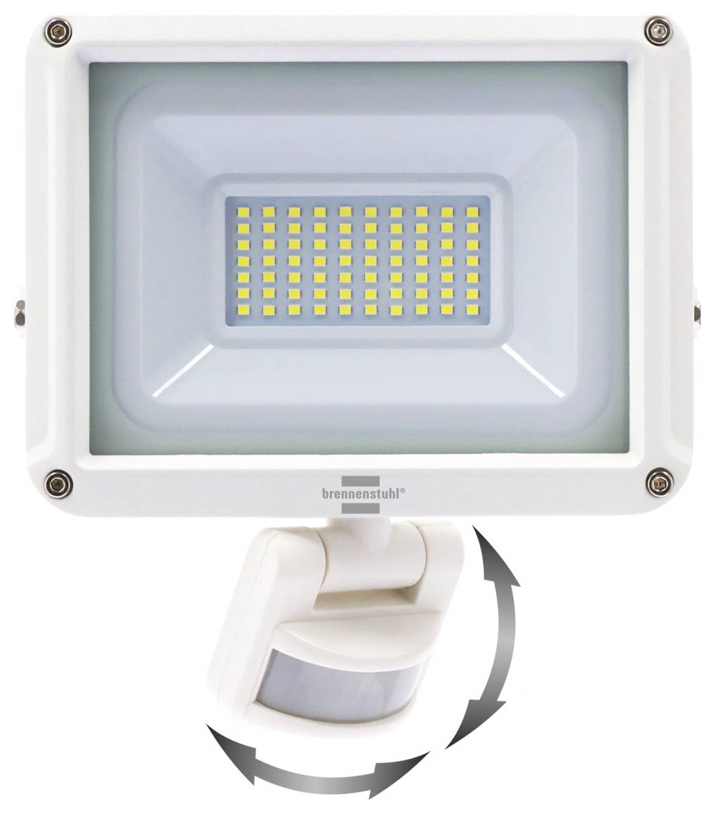 Outdoor-LED-Flutlicht in weißem Gehäuse mit verstellbarer Wandhalterung, mit blaugetöntem Rahmen um etwa 80 gelbe LED-Leuchten und Bewegungsmelder.