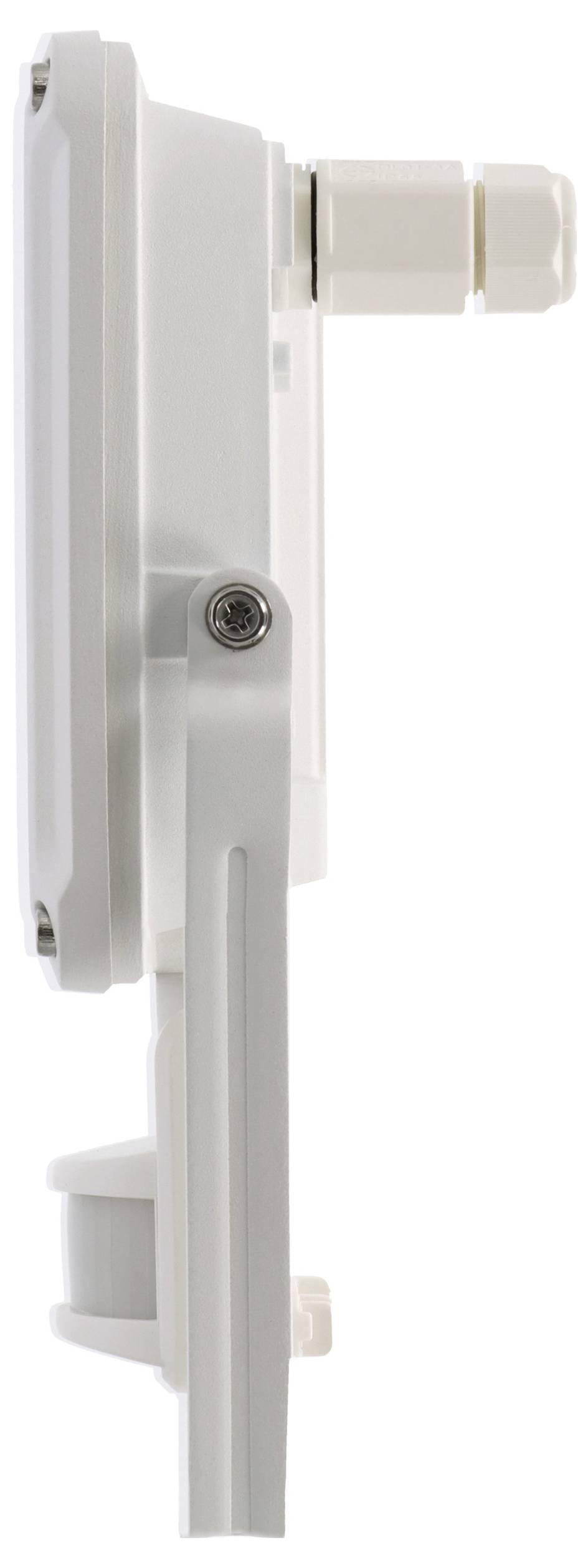 Seitenansicht eines weißen, rechteckigen Außenbewegungsmelders mit seiner Montageklammer und seinem Anschlussport.