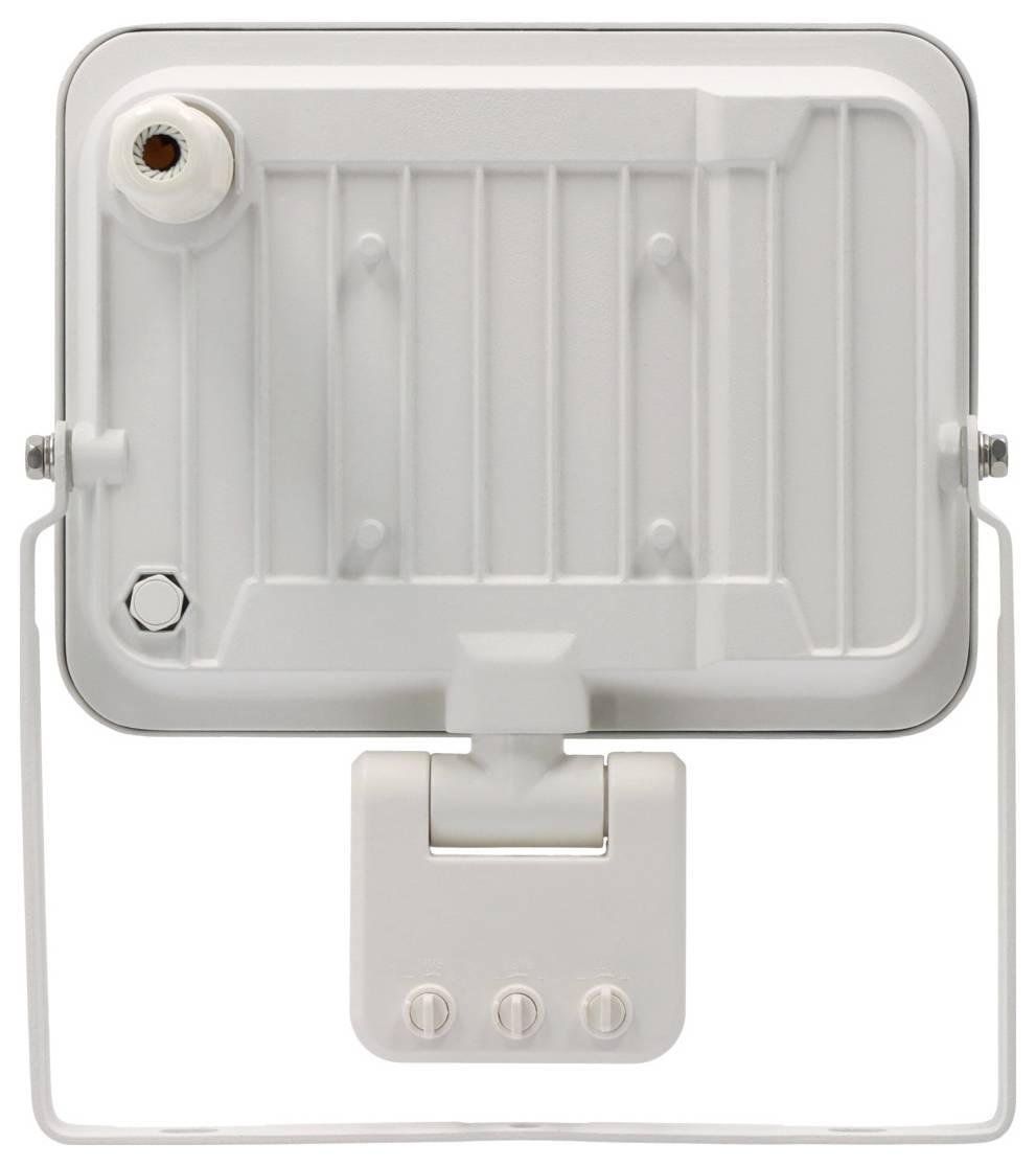 Ein weißes rechteckiges Außen-Flutlicht mit verstellbarer Halterung, mit drei sichtbaren Schrauben auf der Unterseite und einem Leitungseingang oben links.