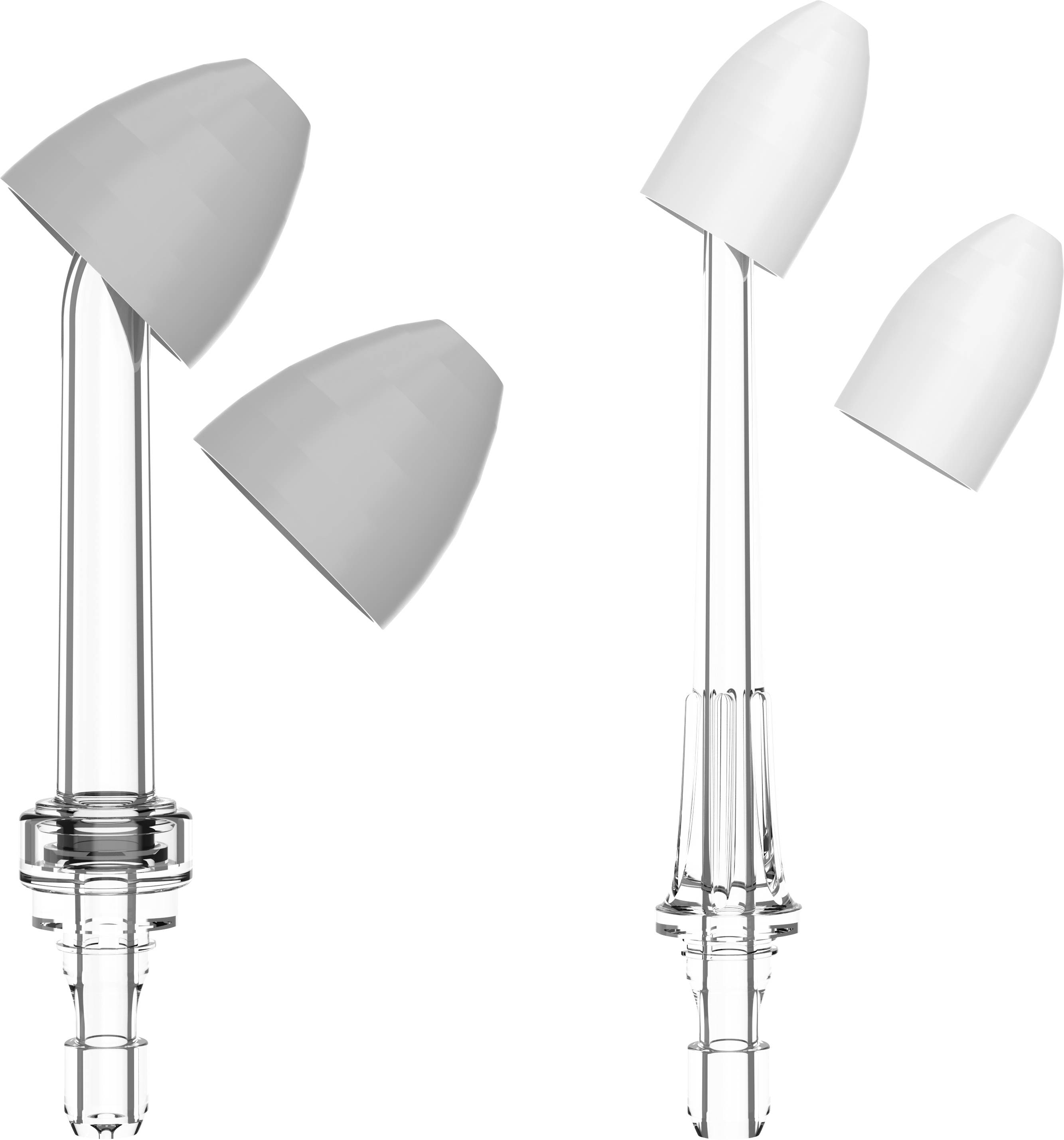 Eine Grafik zeigt zwei Ohrhörer-Aufsätze, einer mit zwei Segmenten und einer mit einem einzelnen Segment, abgelöst von ihren Ohrhörern.