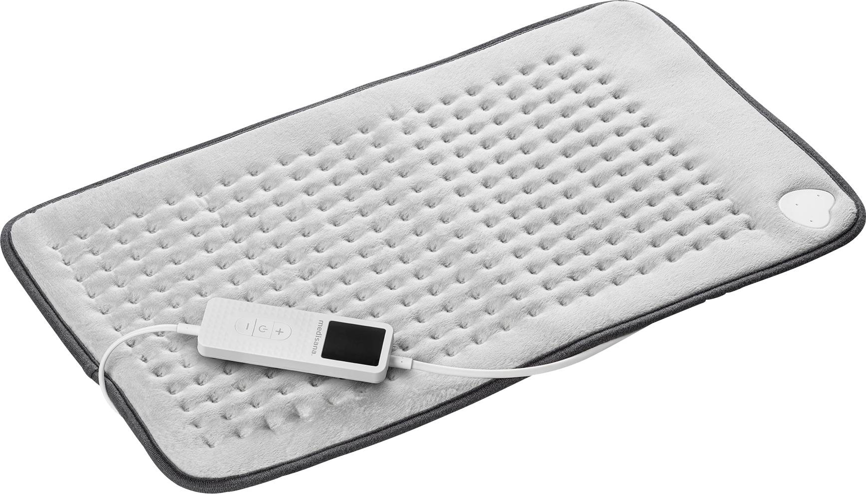 Ein rechteckiges, strukturiertes graues Heizkissen mit angebrachtem Regler, ausgestattet mit einem digitalen Display und Tasten zur Temperatureinstellung.