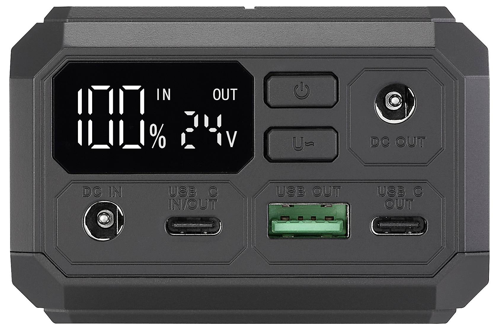 Tragbare Stromstation mit Frontplatte, die 100 % Ladung, 24-V-Ausgang, Ein-/Ausschalter und USB-Tasten, DC-Ein-/Ausgang-Buchsen sowie USB-C-/USB-A-Anschlüsse anzeigt.