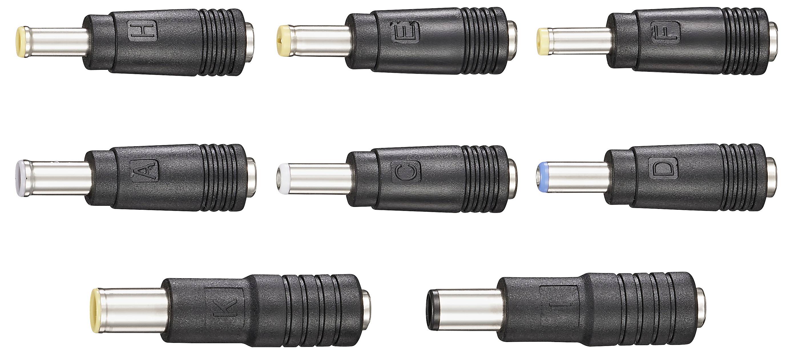 Sammlung von schwarzen Stromverbindungssteckern/Adaptern, die in acht Varianten dargestellt werden, beschriftet von A bis H, mit unterschiedlichen Stift- und farbcodierten Endkonfigurationen.