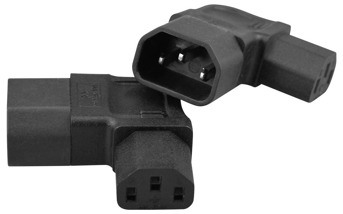 Zwei schwarze IEC-Stromverbinder/Adapter auf weißem Hintergrund gezeigt, einer mit gerader Steckverbindung und einer mit Winkelstecker.