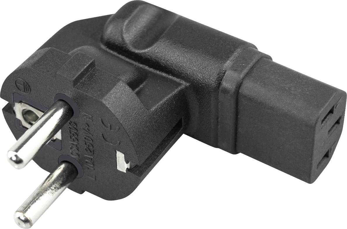 Schwarzer zweipoliger Elektrostecker-Adapter mit abgewinkelten europäischen Stiften und rechteckiger Steckdosenendfläche auf weißem Hintergrund.