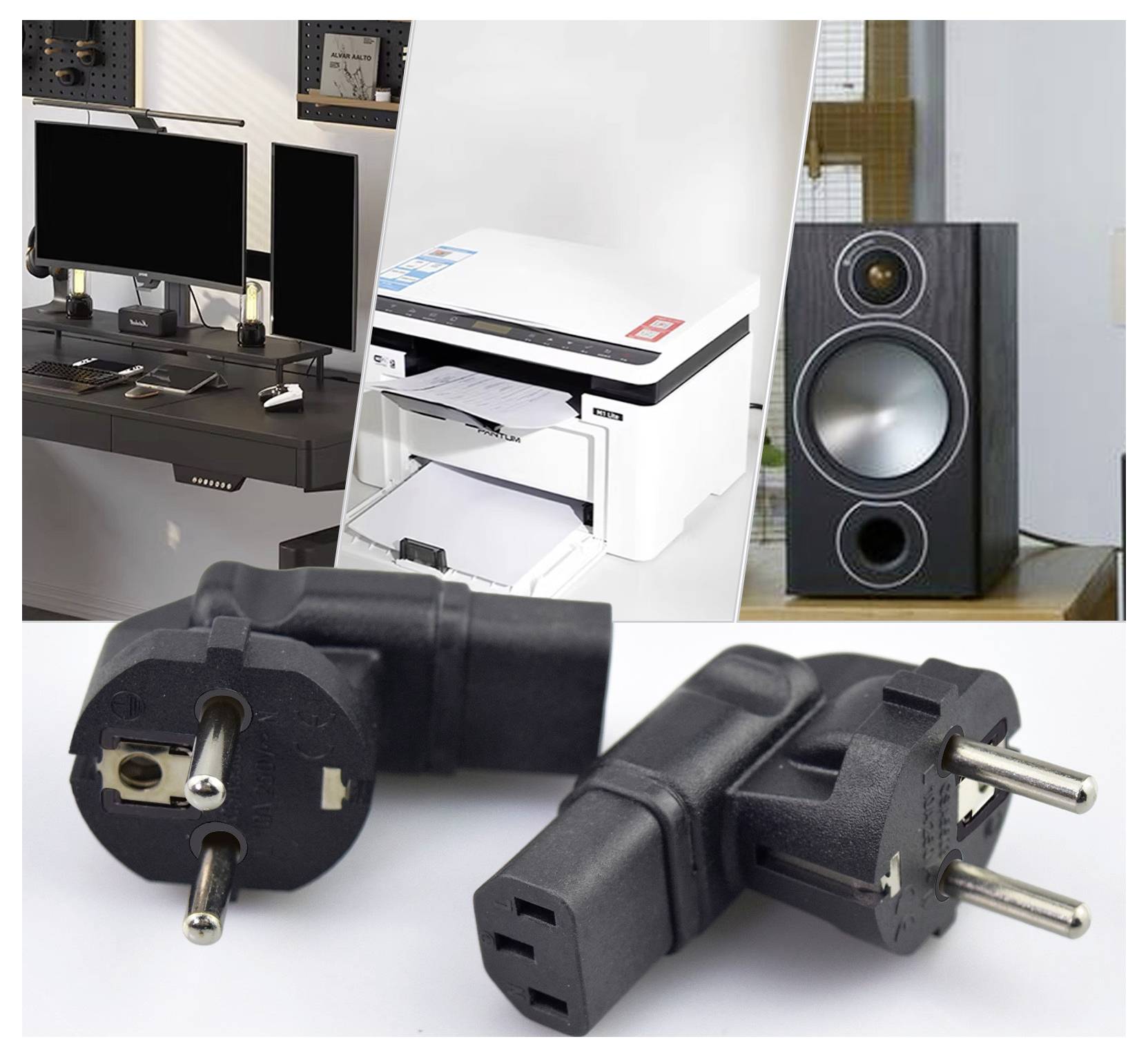Collage von Elektronikgeräten für Verbraucher: Ein Desktop-Setup mit Monitoren, einem Drucker, einem Lautsprecher und zwei schwarzen europäischen Stromsteckern/Adaptern.