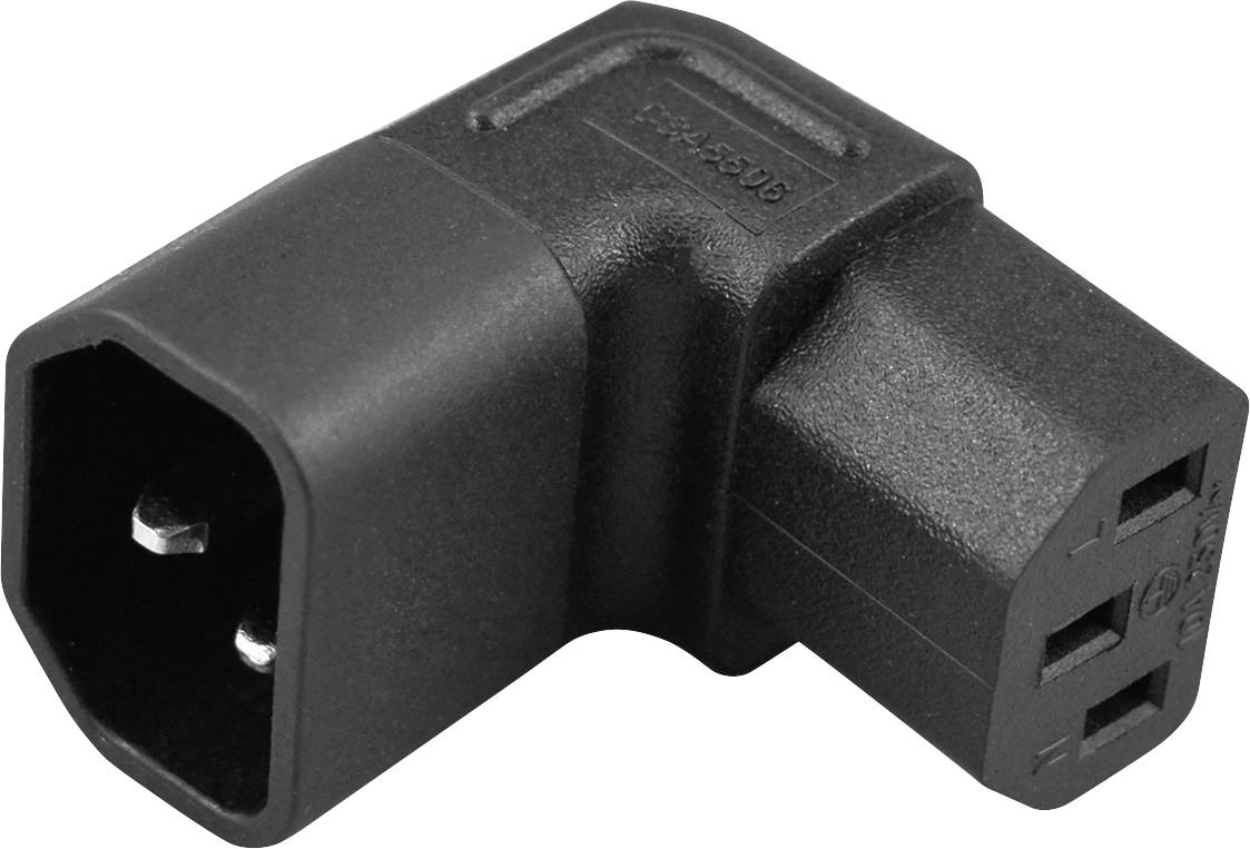 Schwarzer rechtwinkliger IEC-Stromstecker-Adapter mit einer Stecker- und Buchsenöffnung an einem weißen Hintergrund.