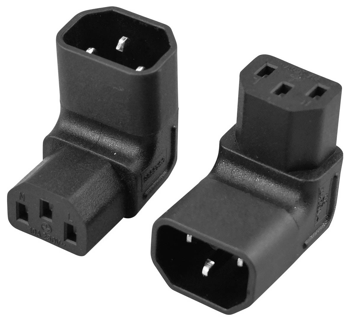 Zwei schwarze abgewinkelte Elektrostecker mit dreipoligen Steckverbindern auf weißem Hintergrund.