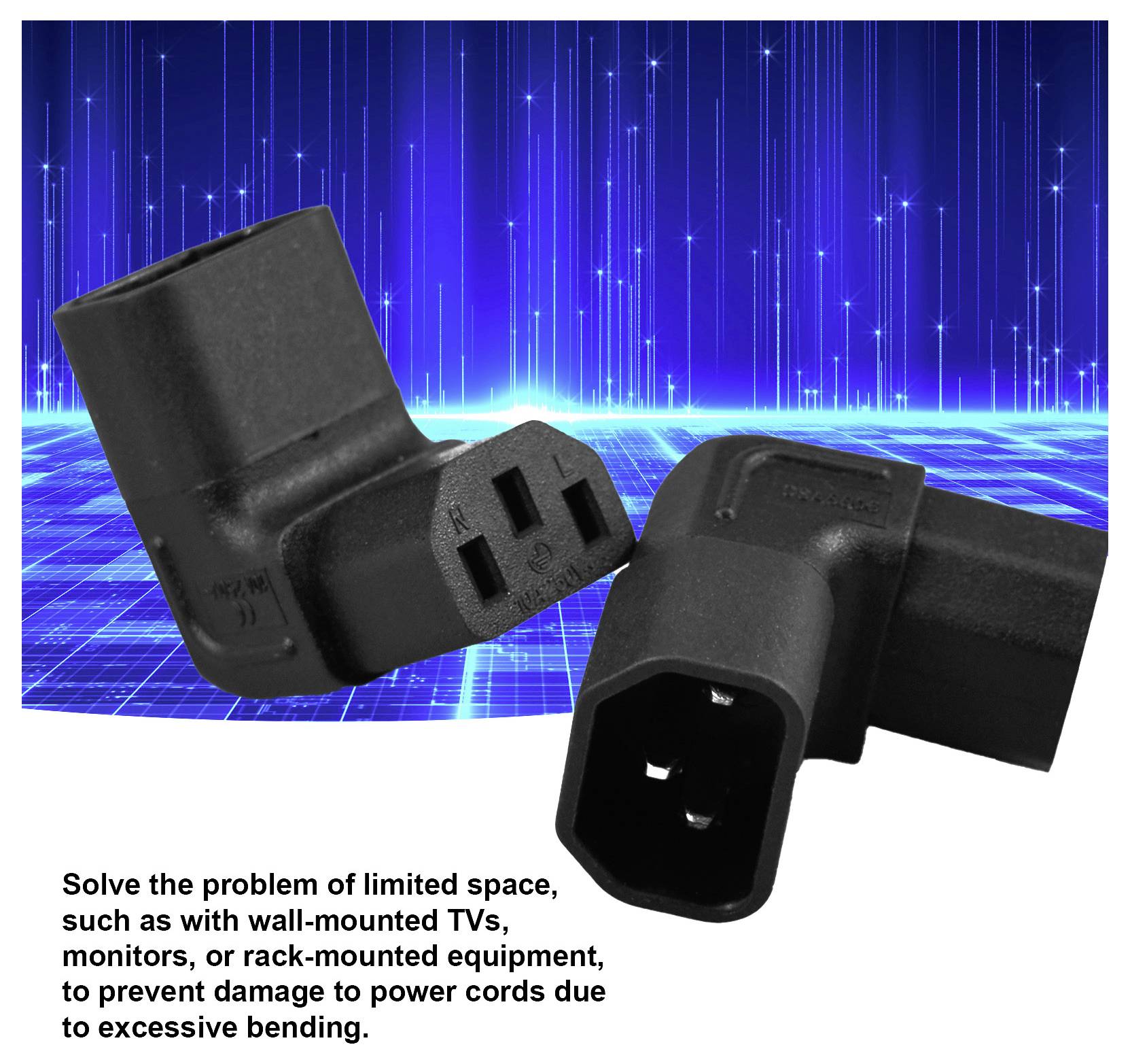 Zwei schwarze rechtwinklige Stromkabeladapter auf blauem Technik-Hintergrund, mit Text über die Vermeidung von Stromkabelschäden in engen Räumen.