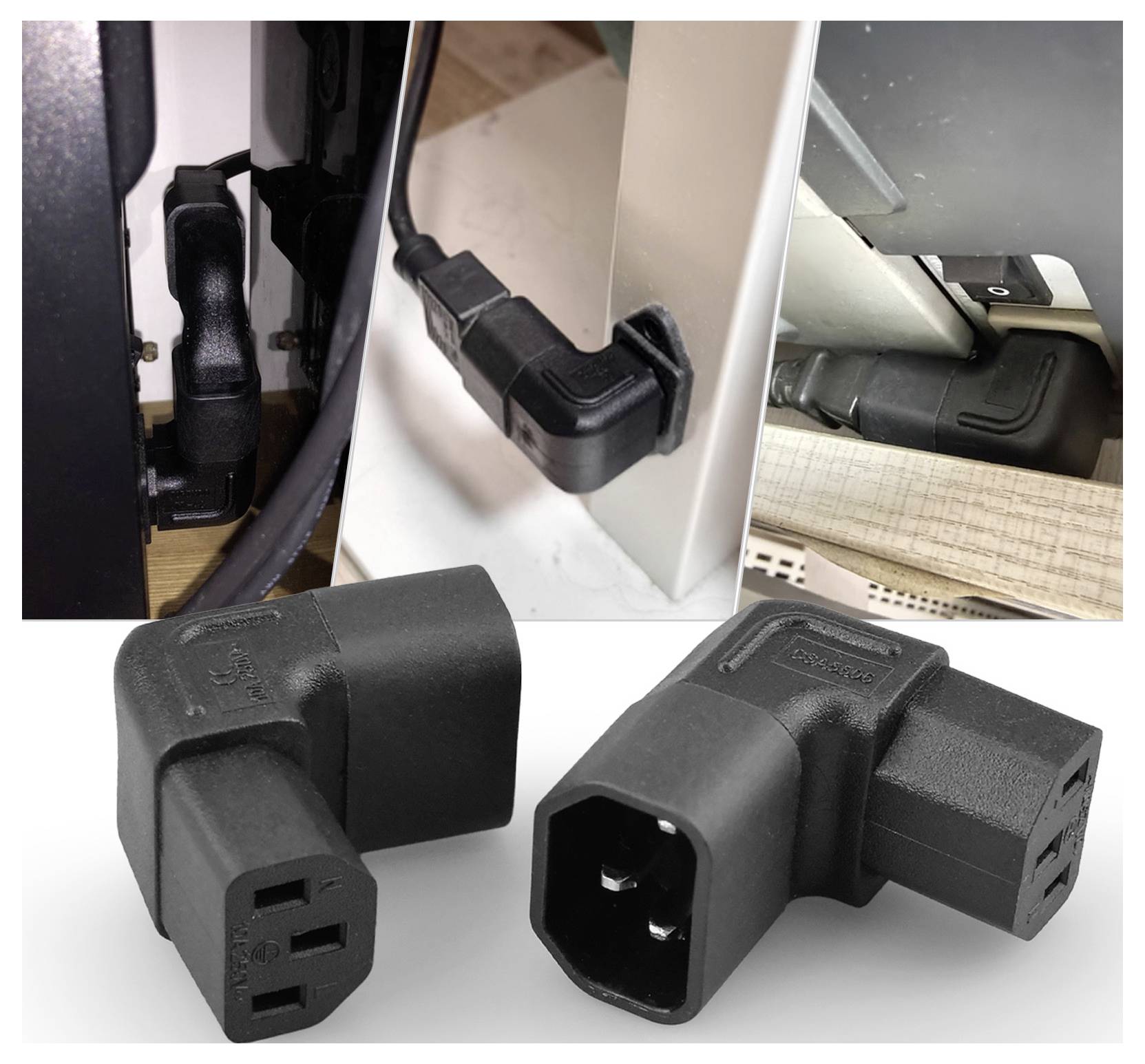 Schwarze IEC-Stromanschlussadapter im rechten Winkel, die in engen Räumen hinter Geräten eingesteckt sind, mit vergrößerten Produktansichten darunter.