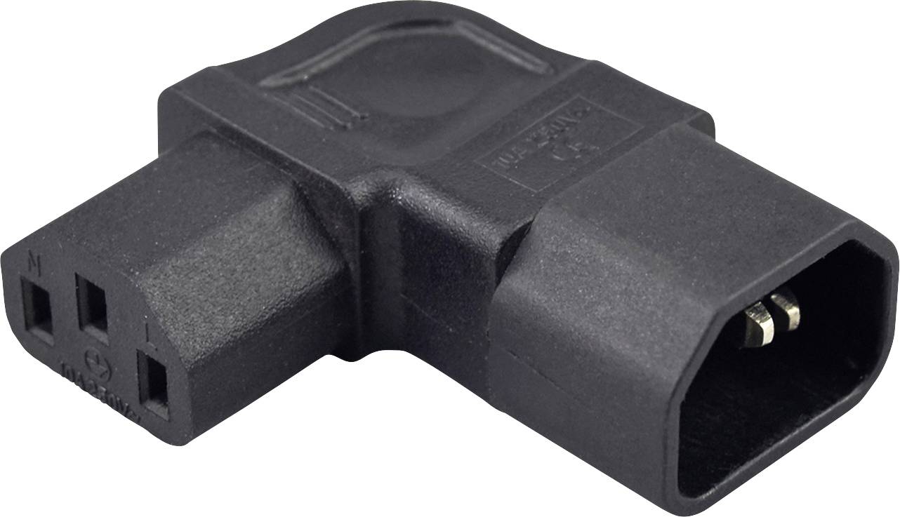 Schwarzer rechtwinkliger Stromadapter mit IEC-Stecker an weißem Hintergrund.