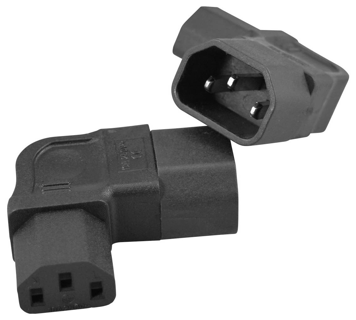 Zwei schwarze IEC-Stromadapterstecker, einer abgewinkelt männlich und einer weiblich, auf weißem Hintergrund dargestellt.