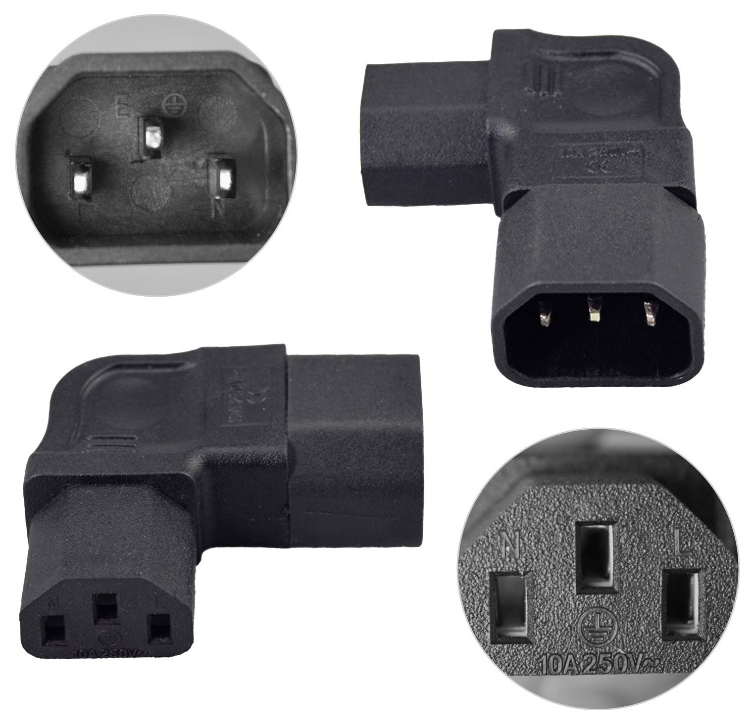 Schwarzer rechtwinkliger Drei-Pol-Stromstecker-Adapter, dargestellt aus mehreren Ansichten, einschließlich Nahaufnahmen der männlichen und weiblichen Steckerlitze.