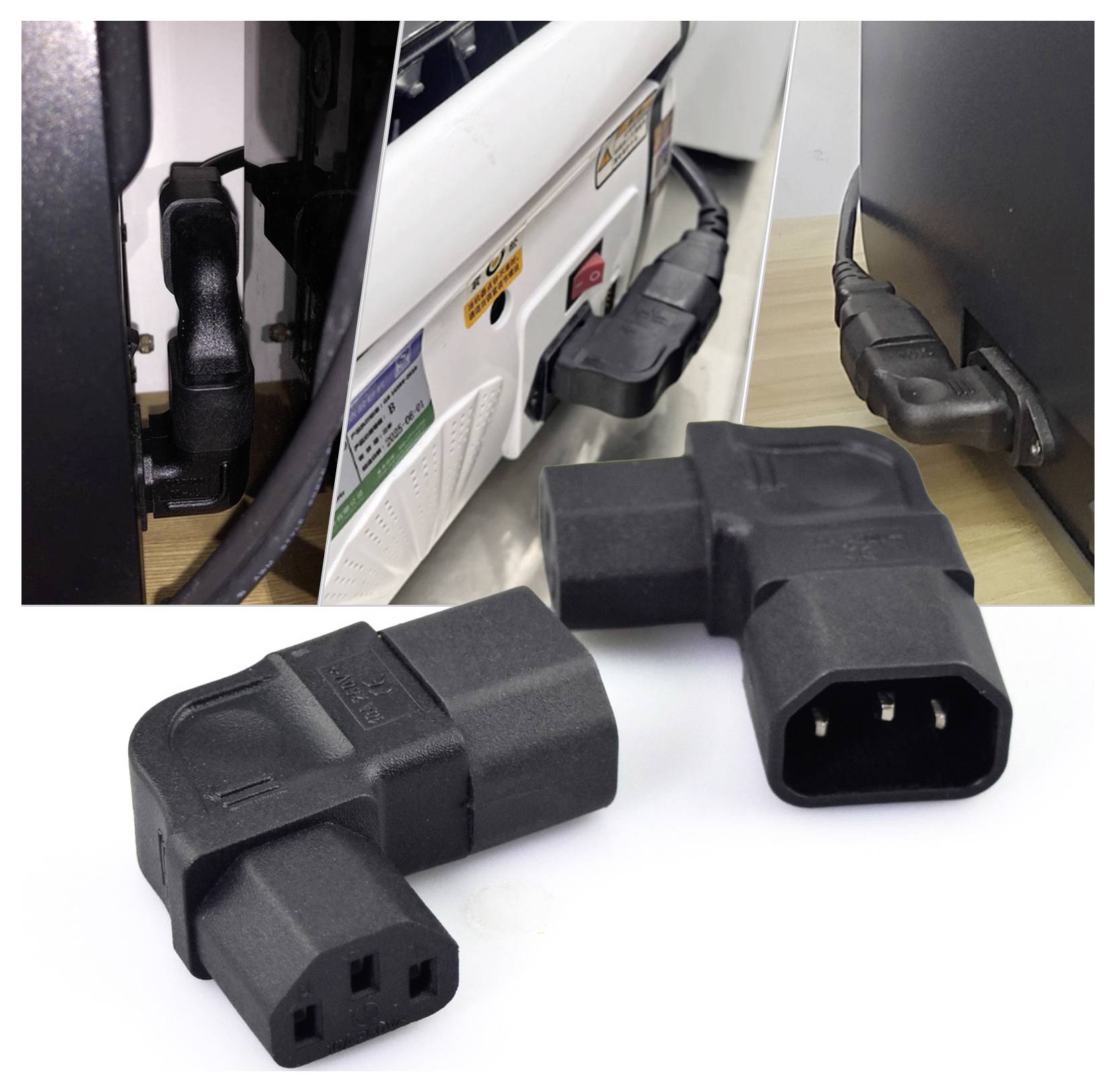 Winkelstecker für Stromversorgung verbinden Geräte im engen Raum, dargestellt installiert hinter Geräten und als Nahaufnahme auf weißem Hintergrund.
