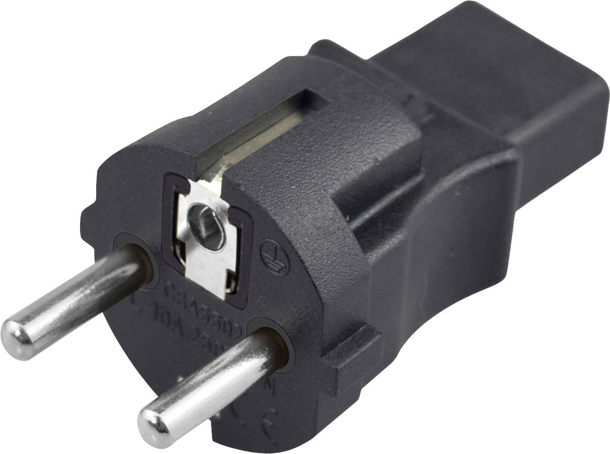 Schwarzer Zweizacken-Stromanschlussadapter mit runden Metallstiften, gezeigt auf weißem Hintergrund.