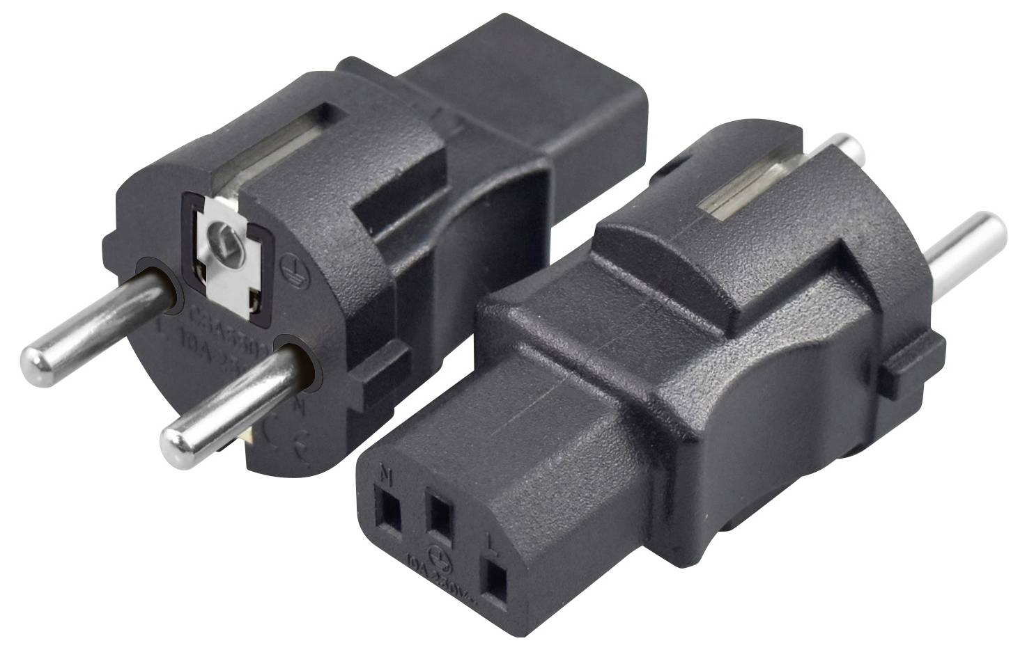 Zwei schwarze europäische Stromstecker-Adapter mit zwei runden Metallstiften, gezeigt auf weißem Hintergrund.