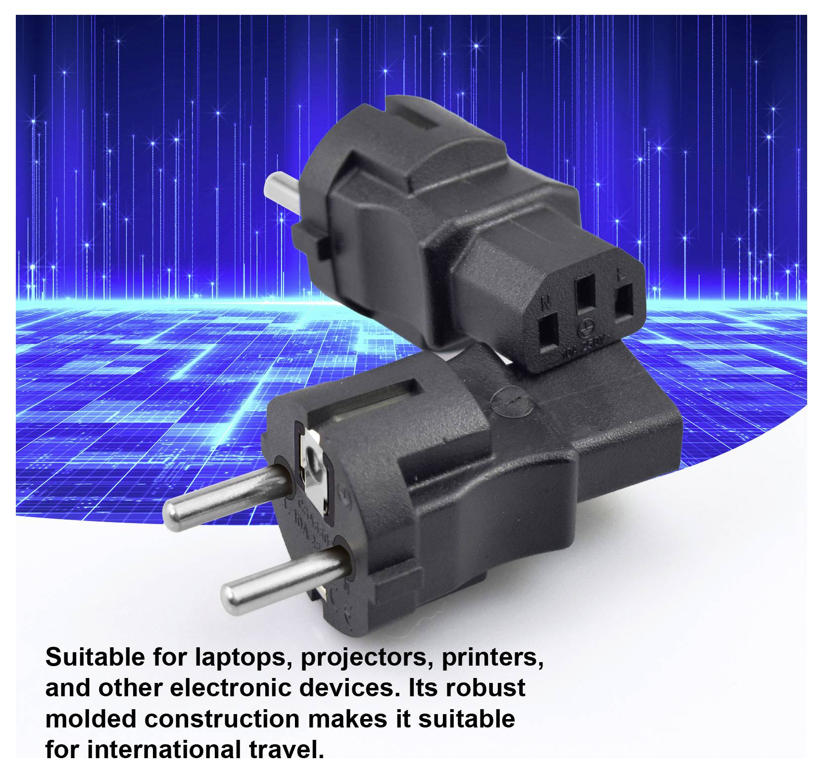 Zwei schwarze internationale Stromstecker auf blauem Tech-Hintergrund mit Text, der angibt, dass sie für Laptops, Beamer, Drucker und internationale Reisen geeignet sind.