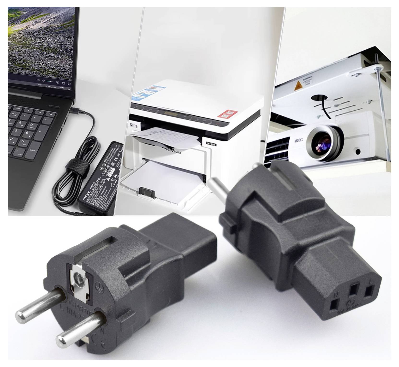 Zwei schwarze europäische Steckdosenadapter werden vor elektronischen Geräten gezeigt, mit einem Laptop, Ladegerät, Drucker und Projektor im Hintergrund.