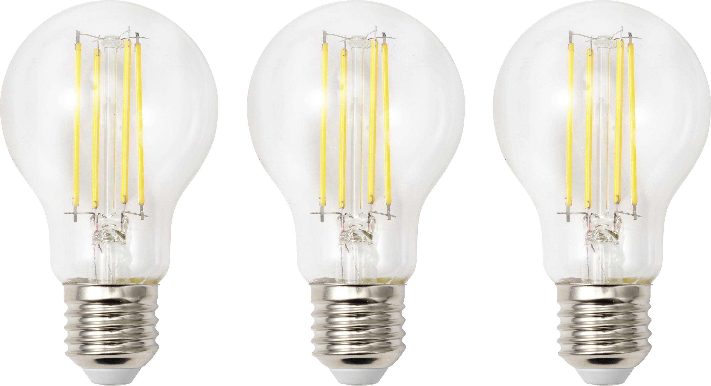 Drei klare LED-Glühbirnen im LED-Stil nebeneinander auf weißem Hintergrund angeordnet.