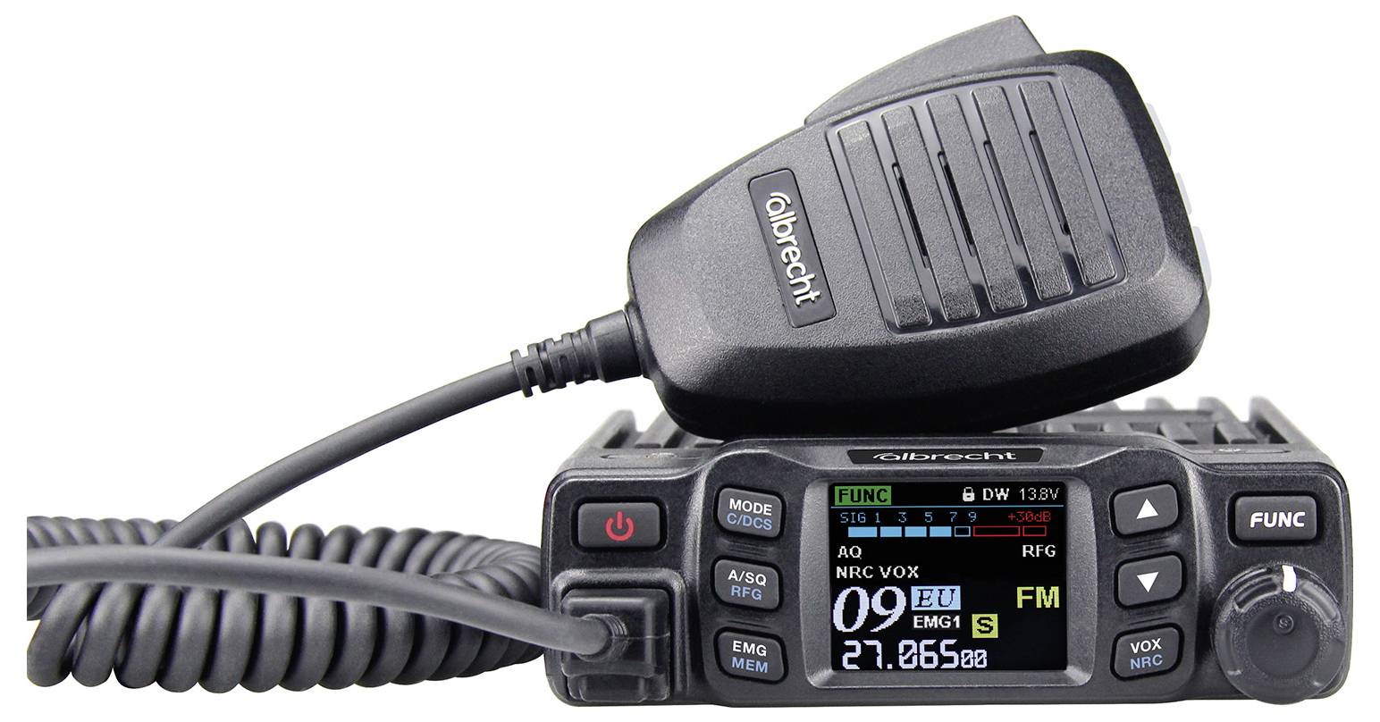Autoradio-Transceiver mit Handset-Mikrofon und Spiralkabel, das ein digitales Display, Bedienelemente und Funktionstasten zeigt.