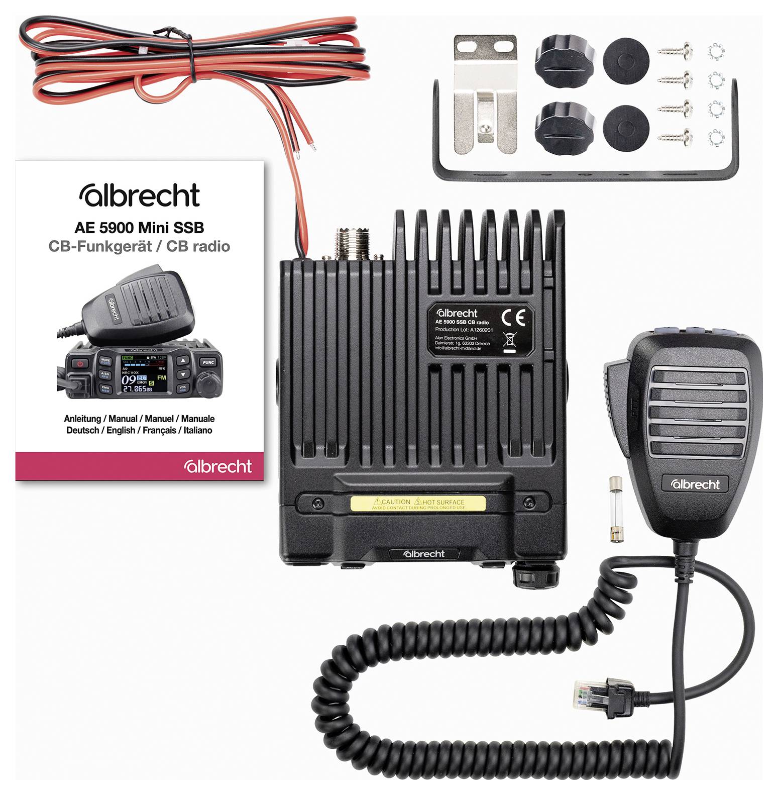 Albrecht AE 5900 Mini SSB CB-Funkgerät-Set mit Hauptgerät, tragbarem Mikrofon, Verkabelung, Montagezubehör und Handbuch-Box