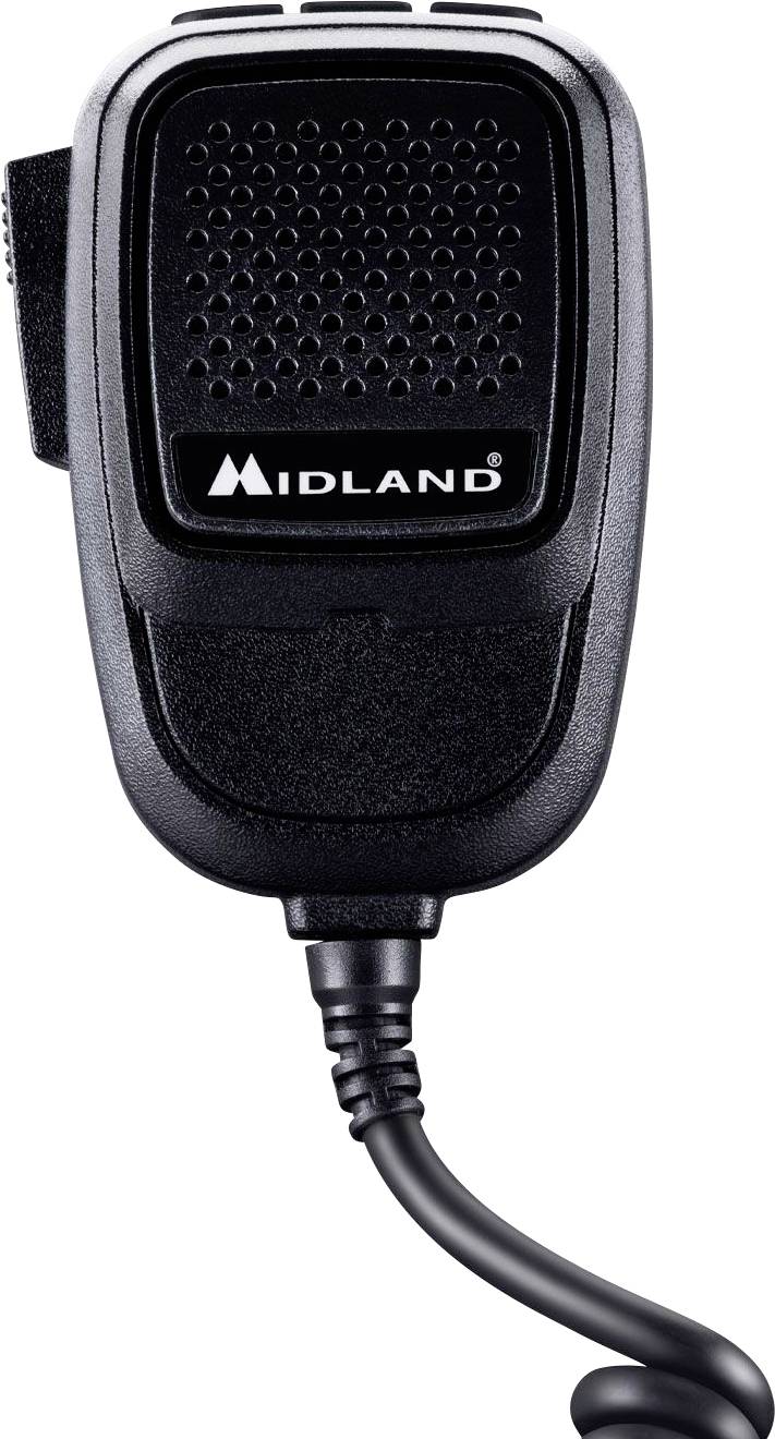 Ein schwarzes tragbares Mikrofon von Midland mit Lautsprechergitter und Logo, befestigt an einem Spiralkabel, vor weißem Hintergrund.